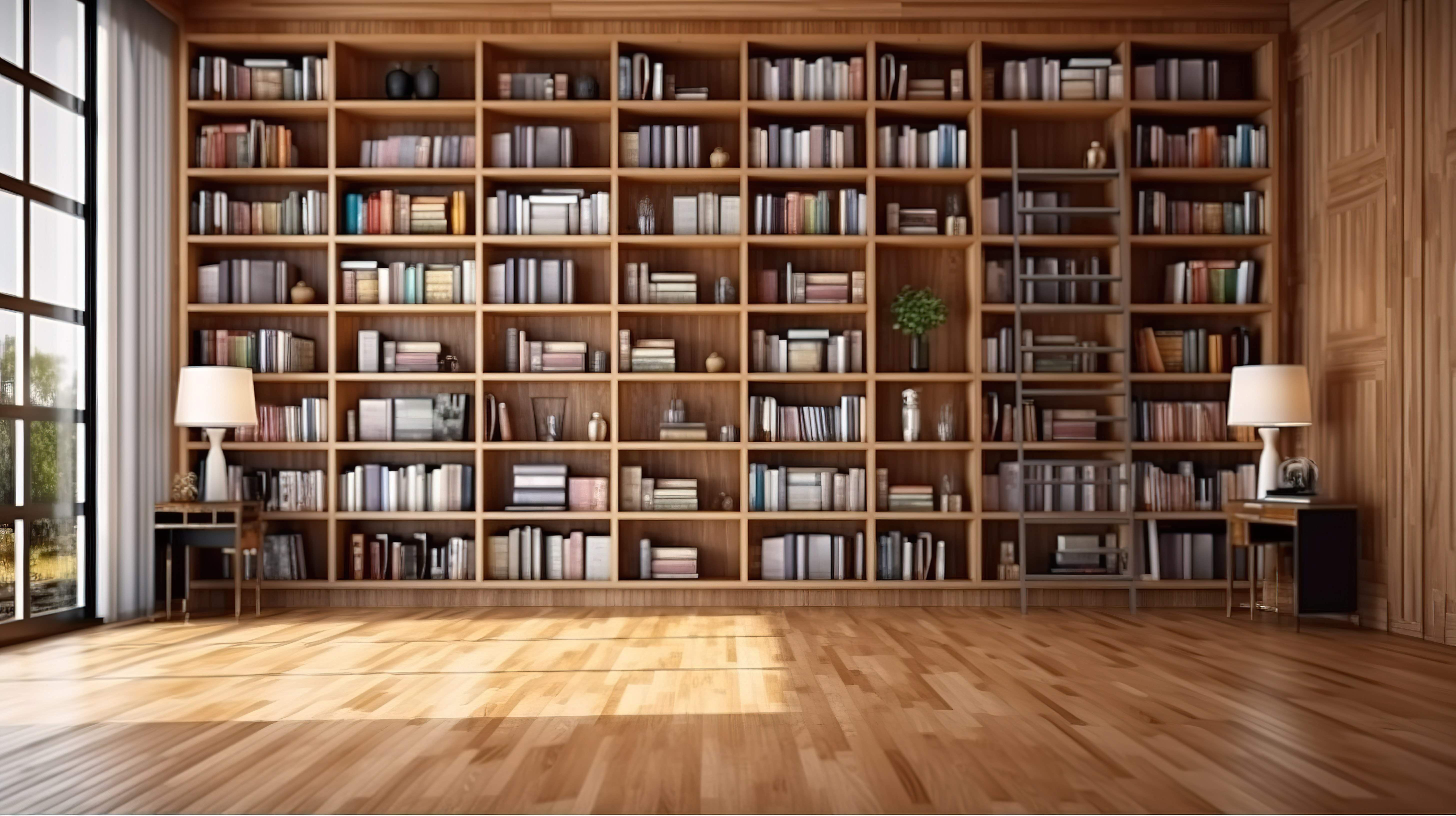 现代图书馆设计中镶木地板现代木制书架的 3d 逼真渲染图片