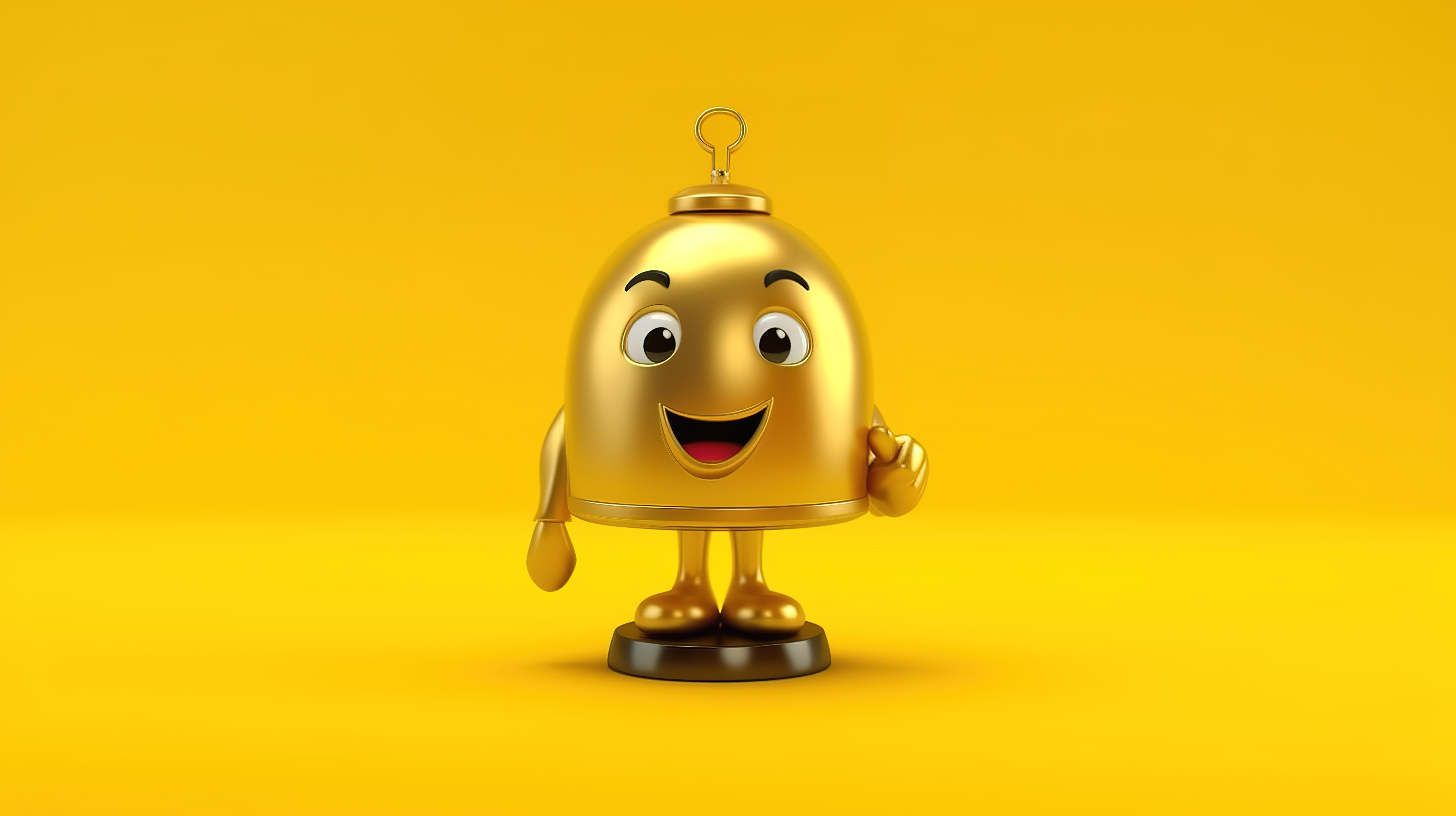 吉祥物人手持金奖奖杯和充满活力的黄色背景上的酒店服务铃的 3D 渲染图片
