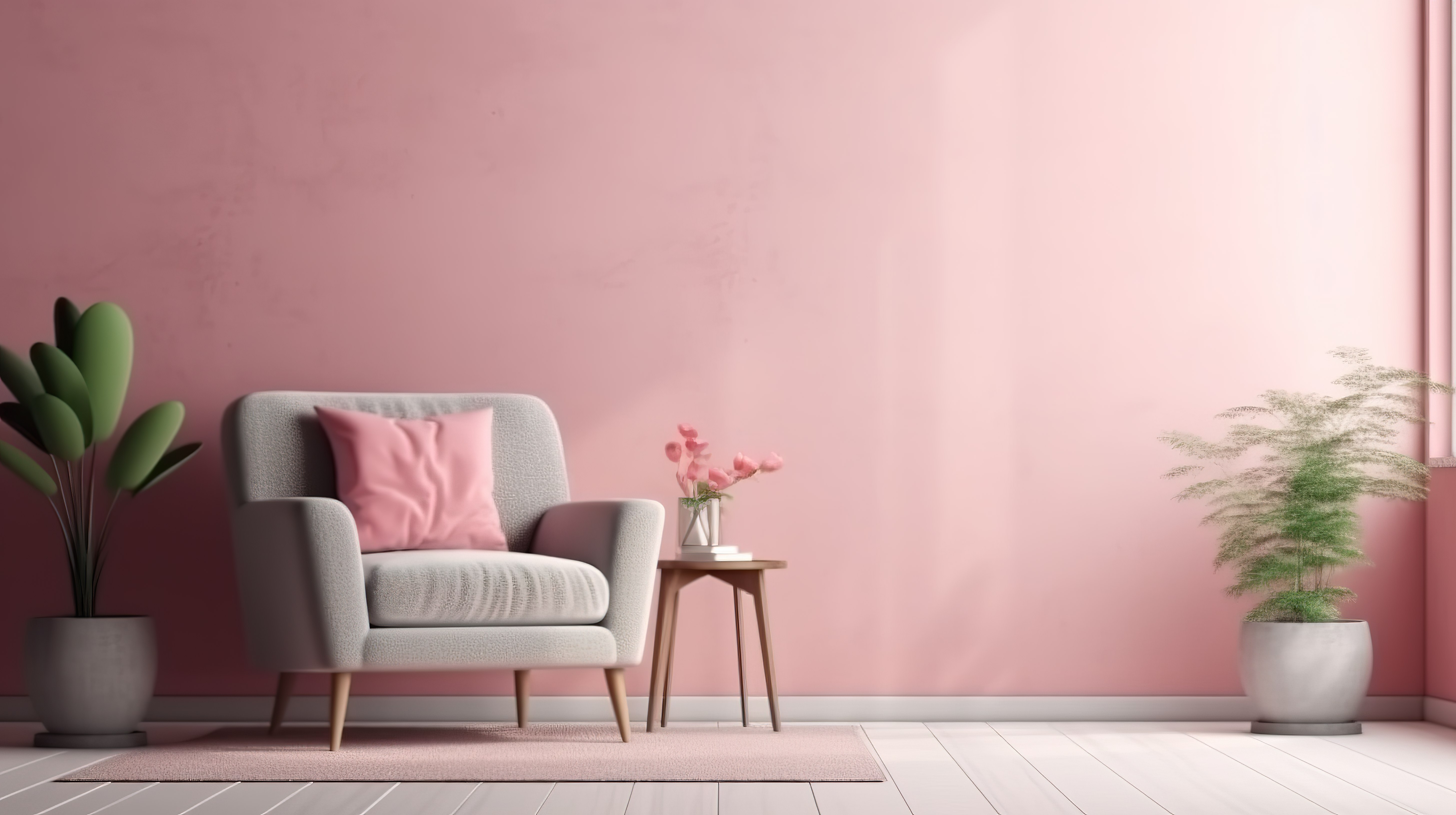 现代客厅的温馨家庭模拟 3D 渲染，配有舒适的粉红色椅子图片