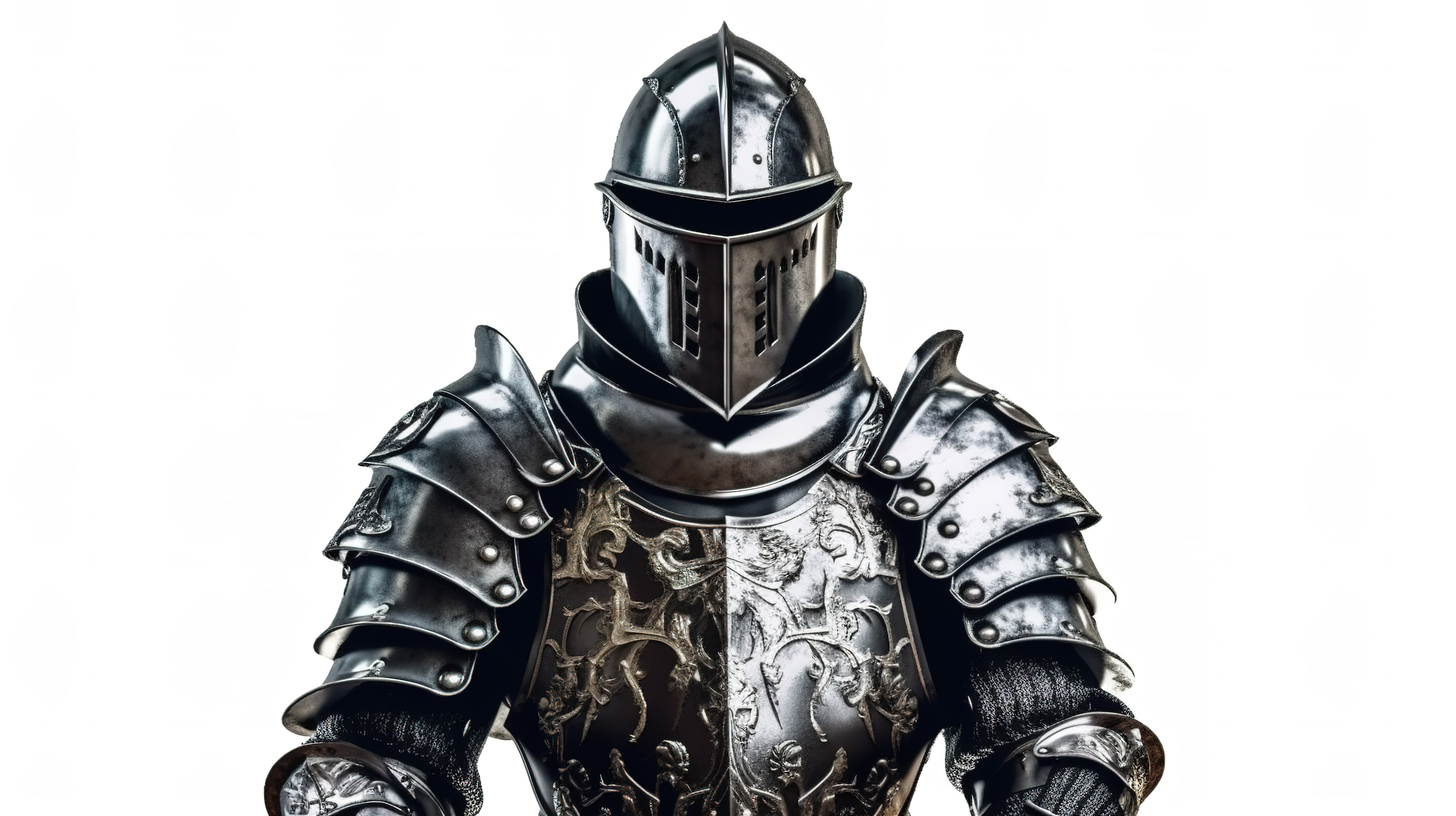 中世纪骑士的盔甲套装，白色背景上配有剑 3D 渲染插图图片