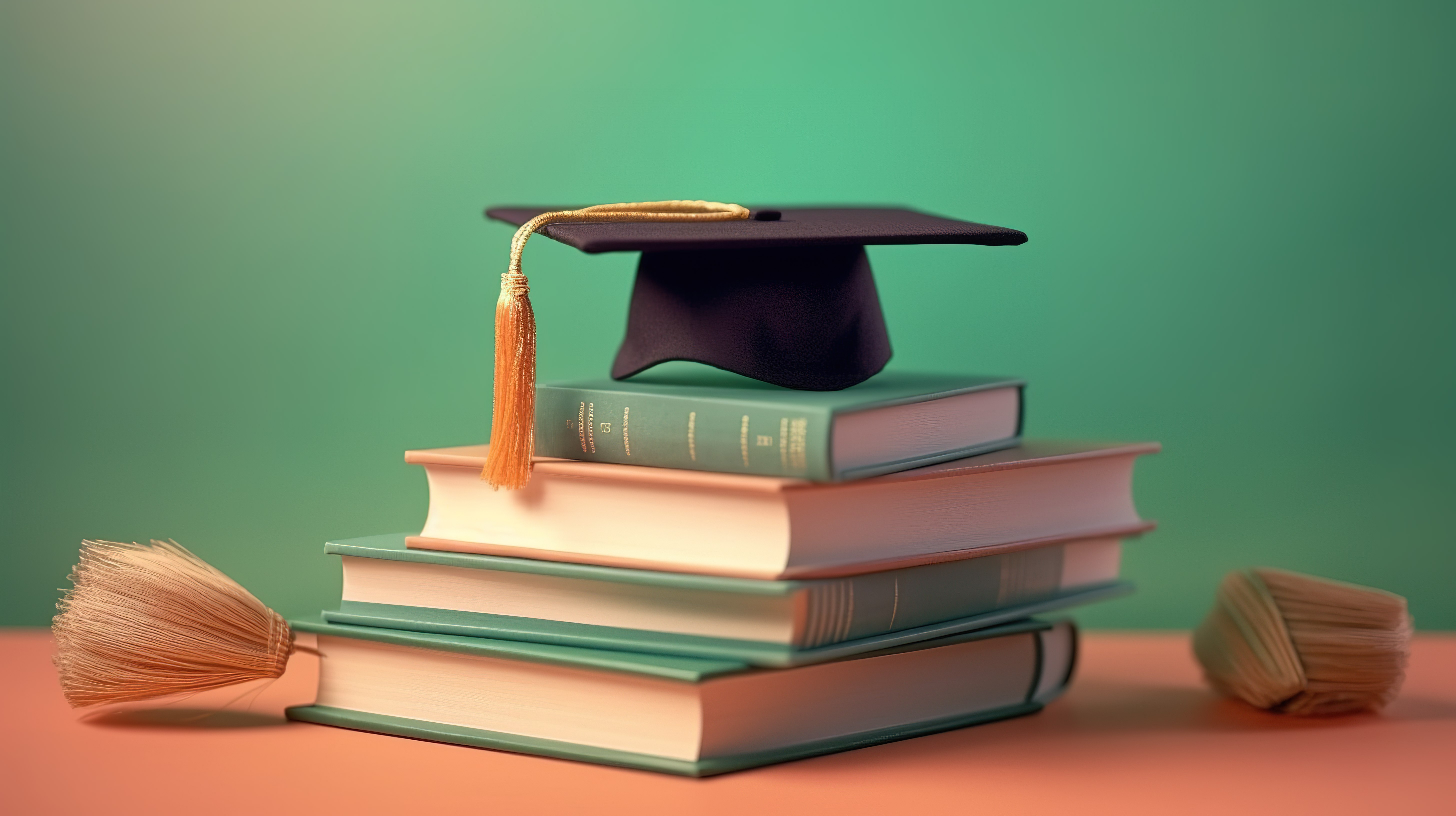 教育结束毕业帽和绿色柔和背景书籍的 3D 插图图片