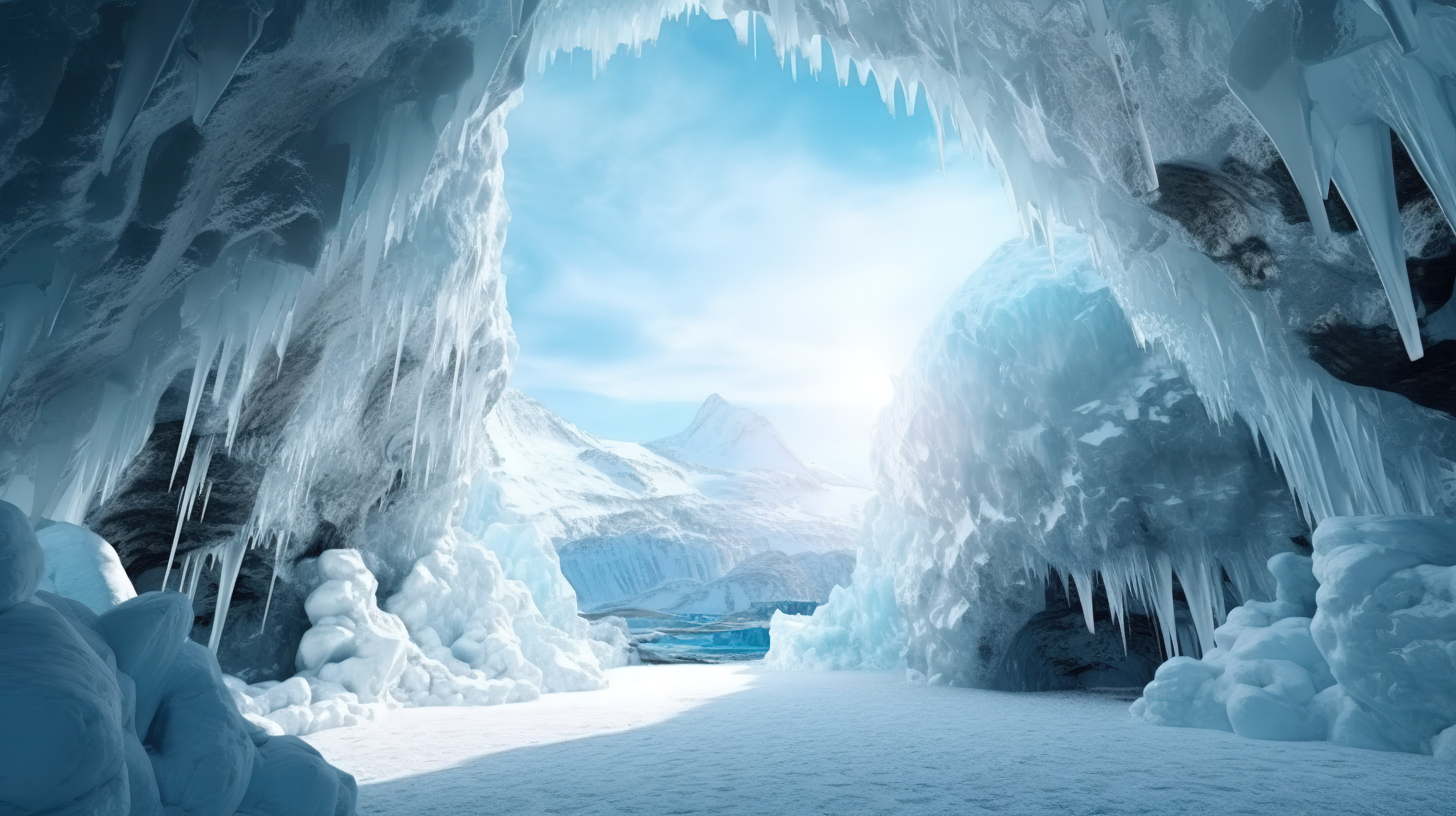 巨大的冰洞，拥有覆盖着雪的岩石和 3D 创建的霜冻冰柱图片