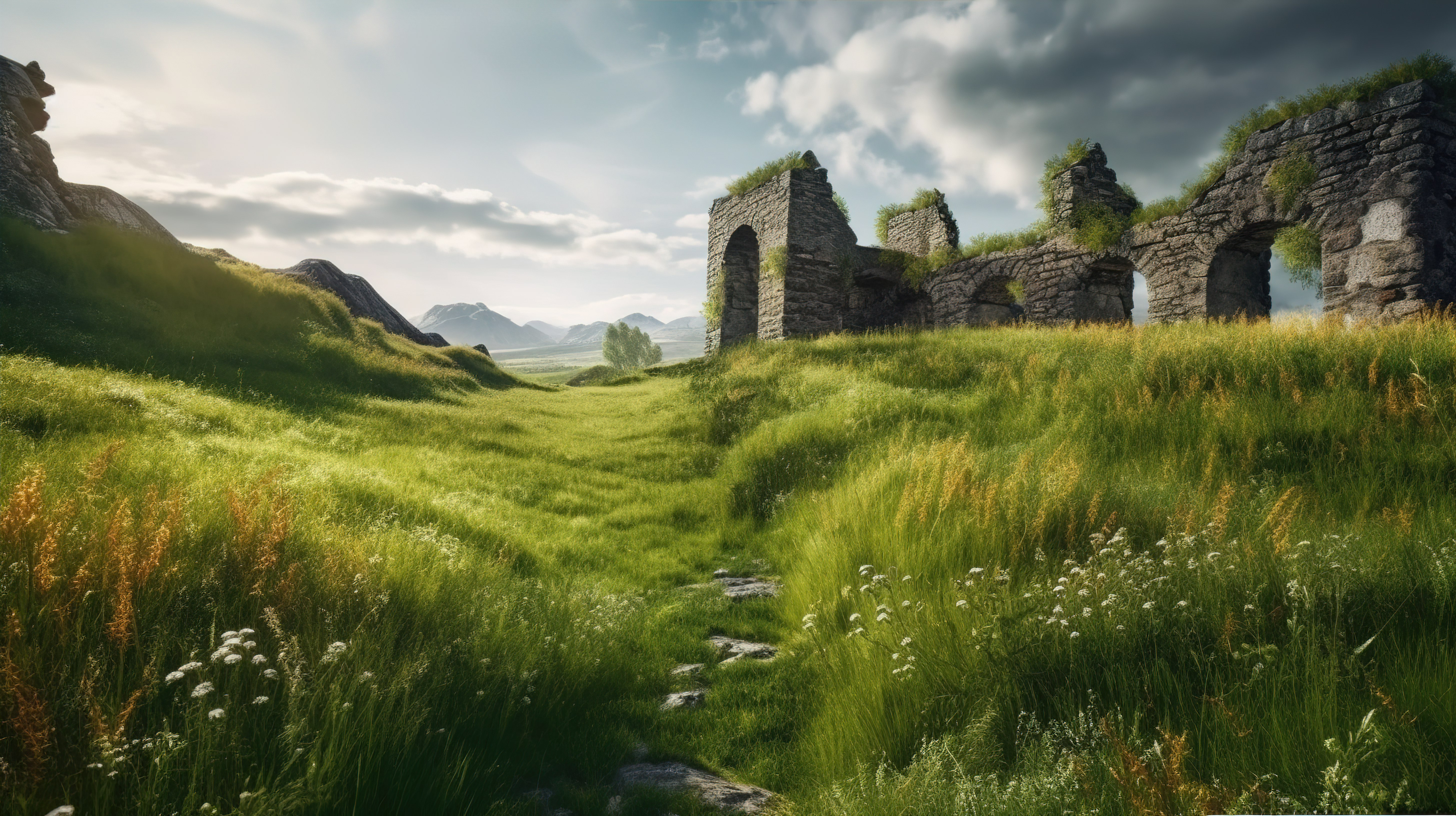 绿色草地上一座城堡的 3D 插图，有风化石砖墙图片