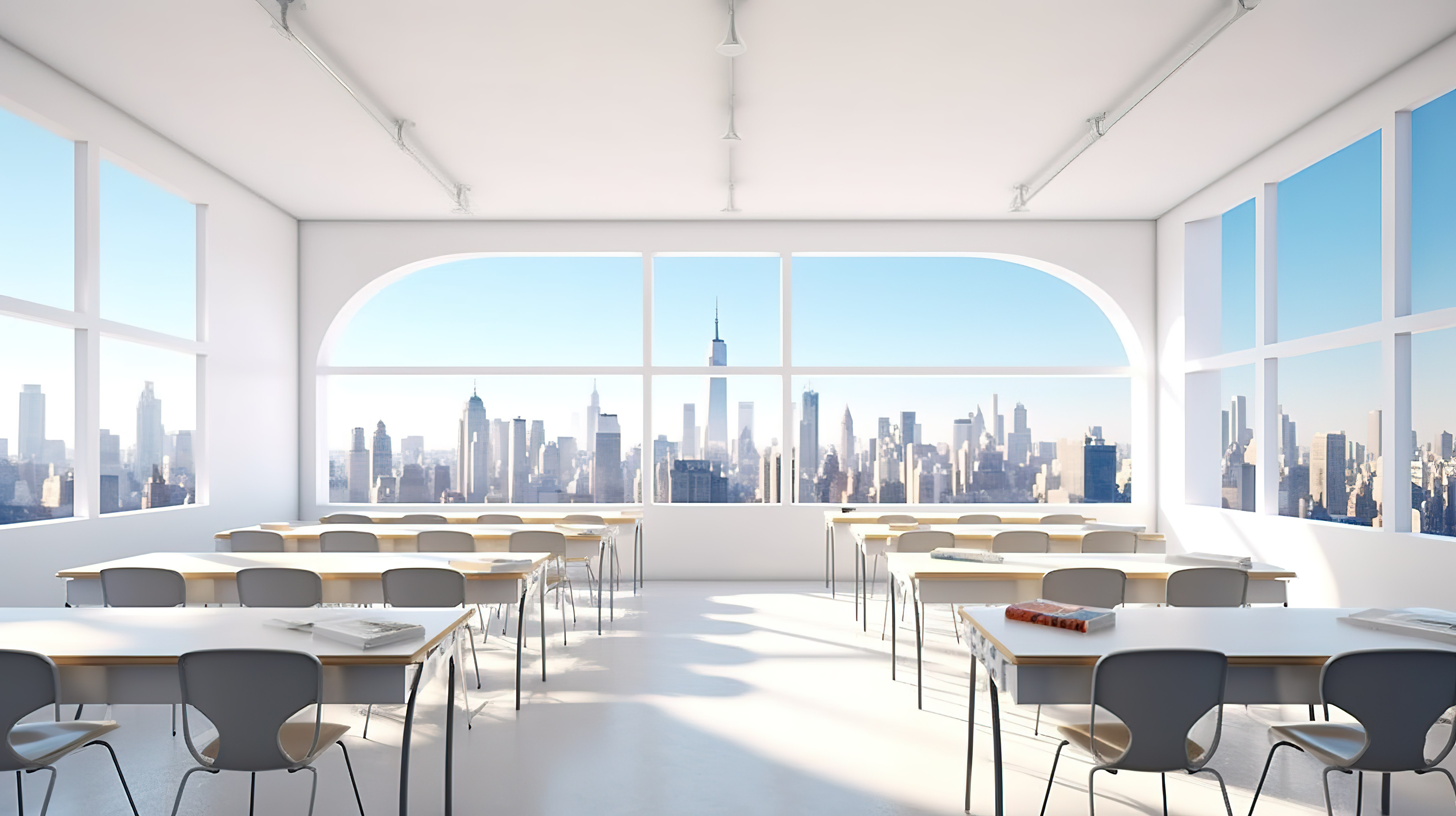 明亮教室的 3D 渲染，配有宽敞的全景窗户和白色书桌图片