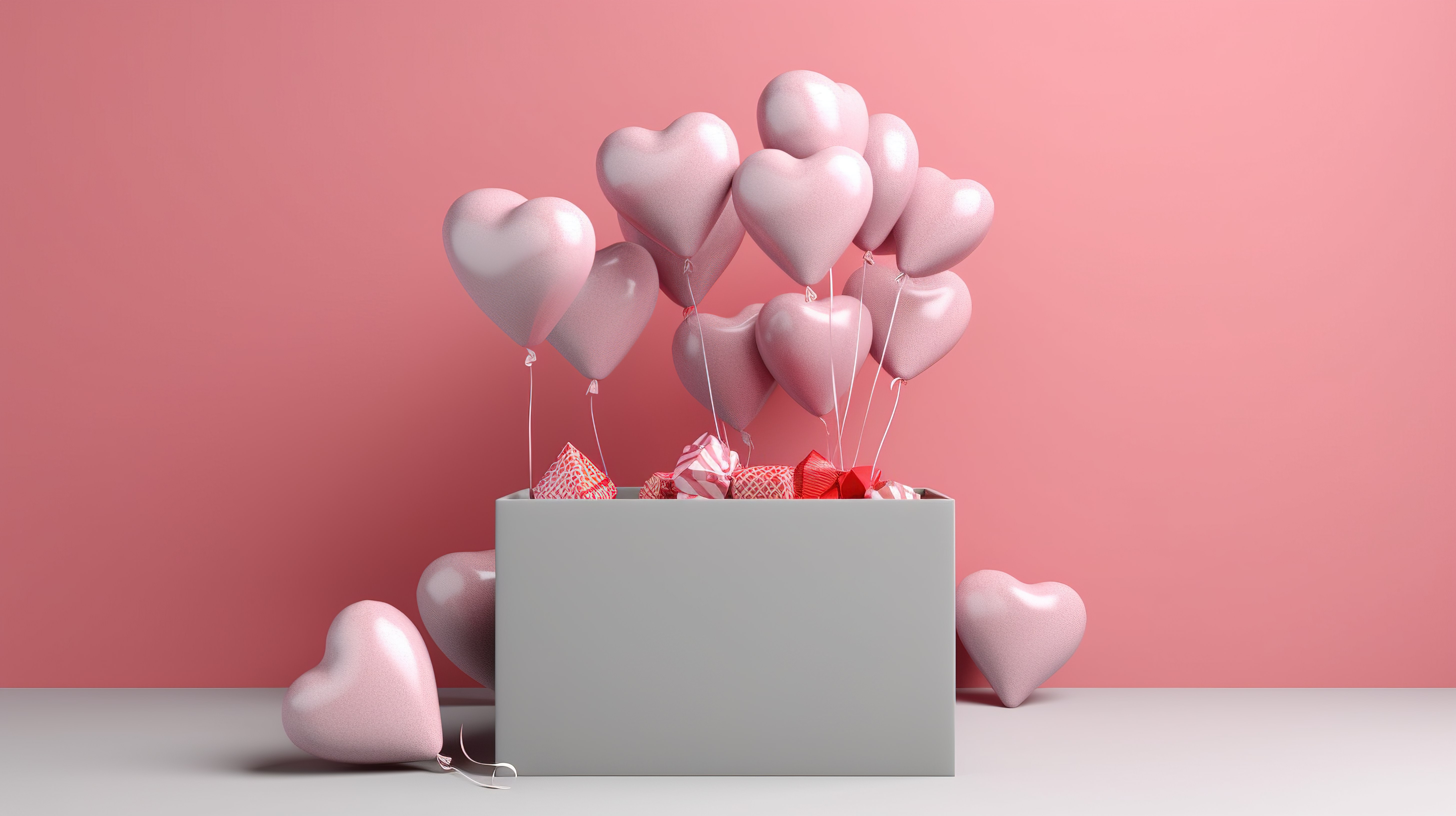 情人节快乐 3D 渲染开放式礼品盒和心形气球，用于节日横幅图片