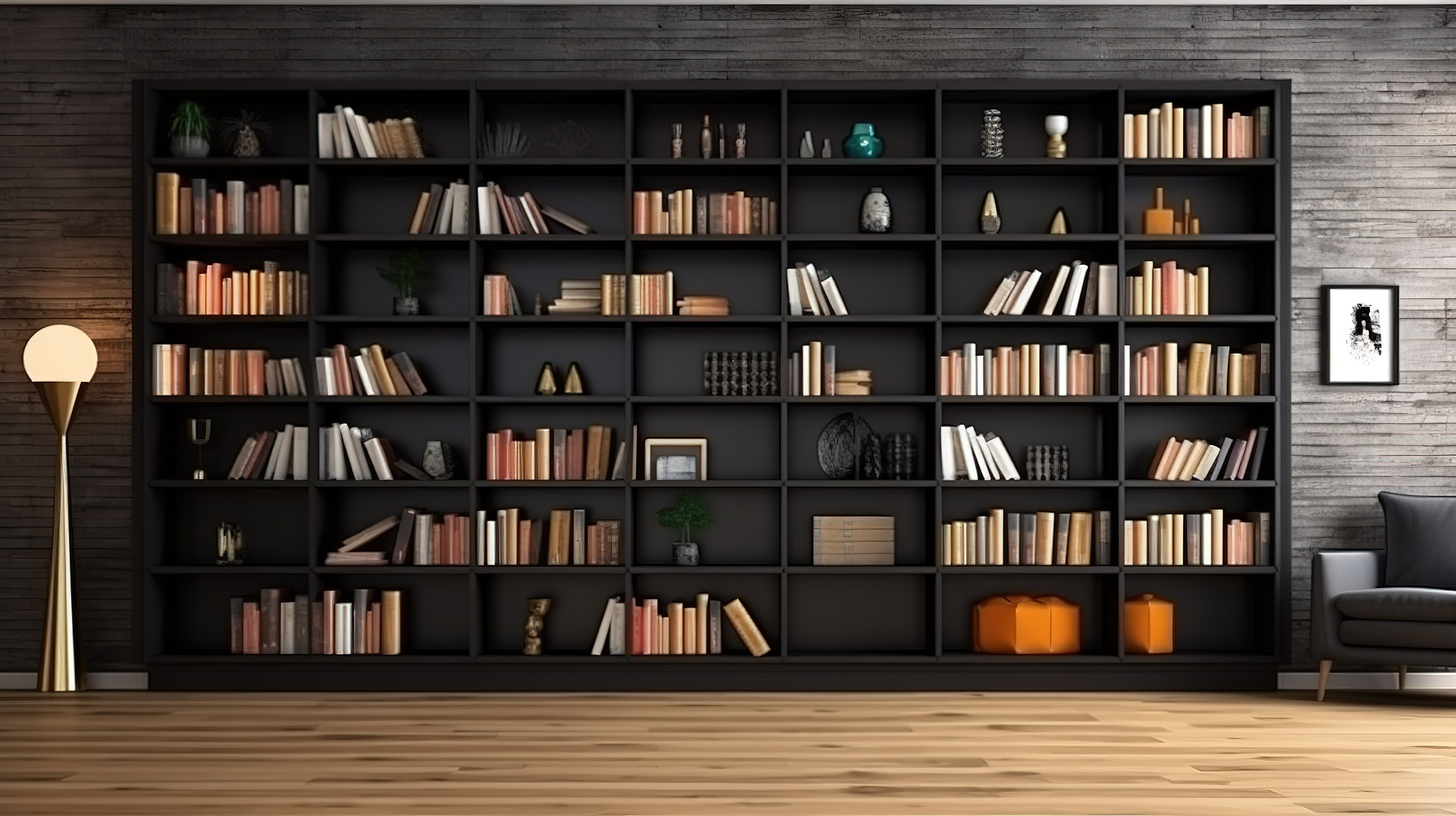 现代图书馆设计中镶木地板的当代黑色书架的真实 3D 渲染图片