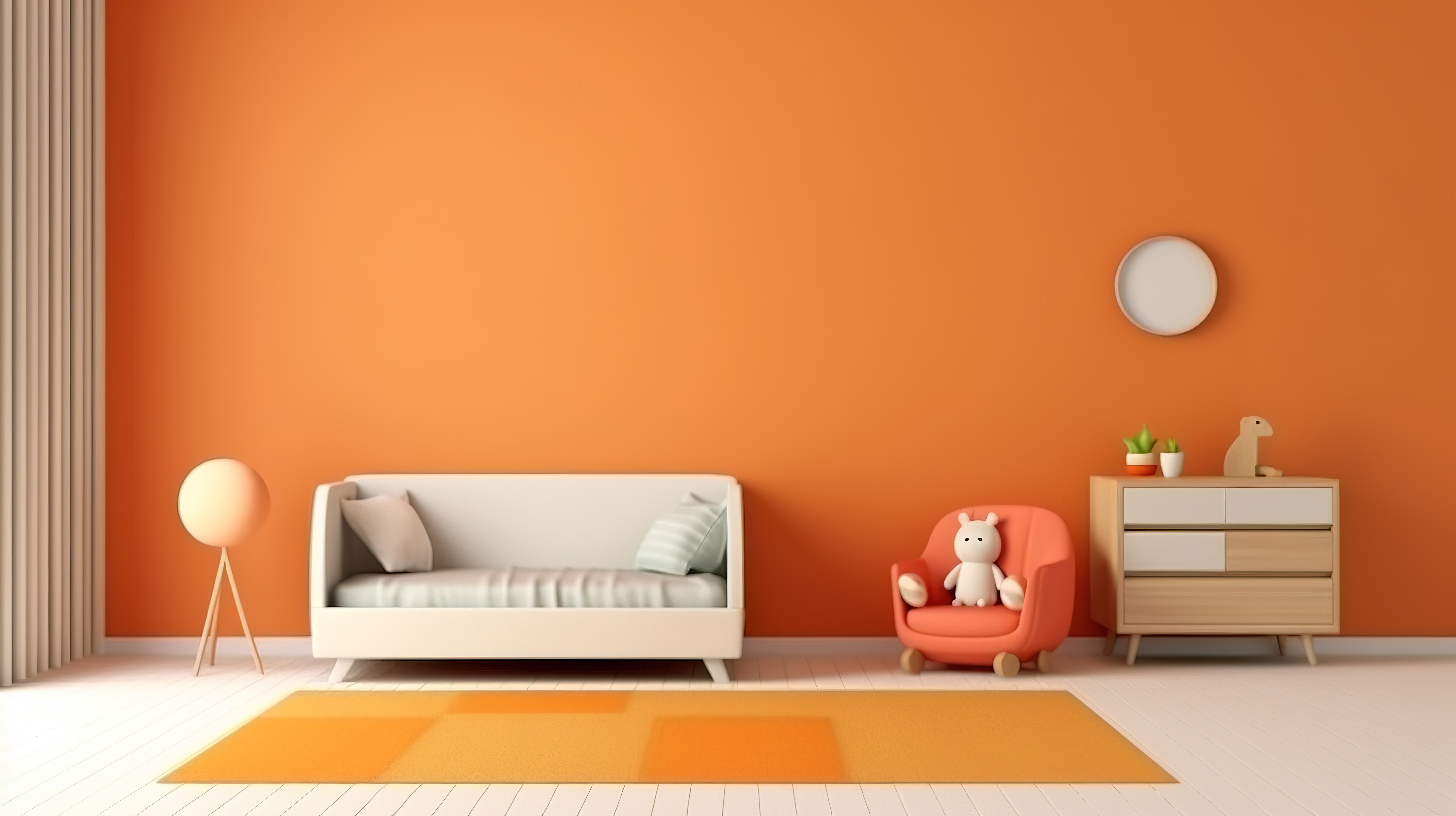 现代 3D 渲染的简约橙色儿童房，配有现代墙壁背景图片