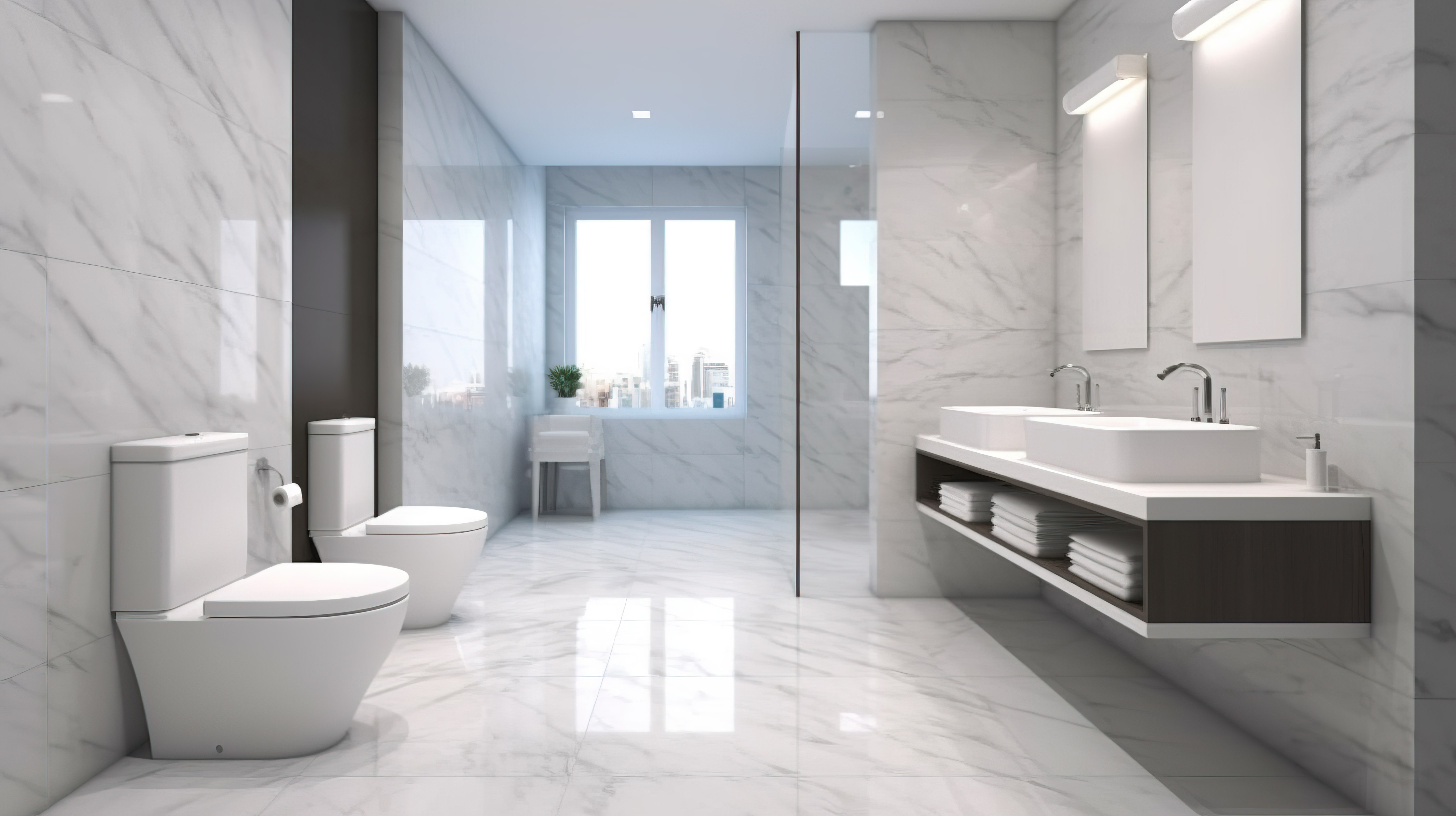 现代大理石印花瓷砖装饰现代浴室 3D 渲染中光滑的白色厕所图片