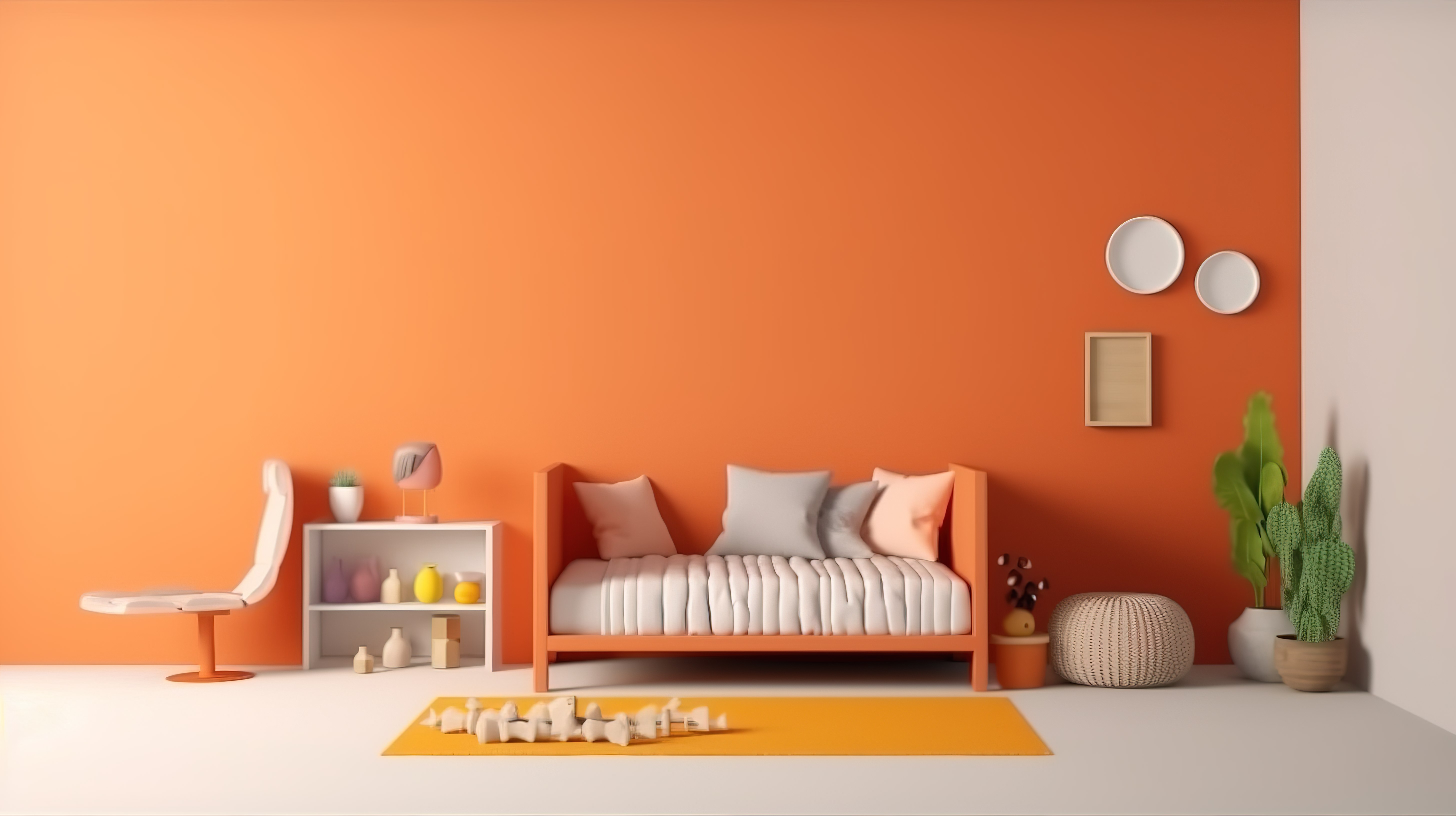 儿童房间的简约橙色现代内饰，配有背景墙 3D 渲染模型图片