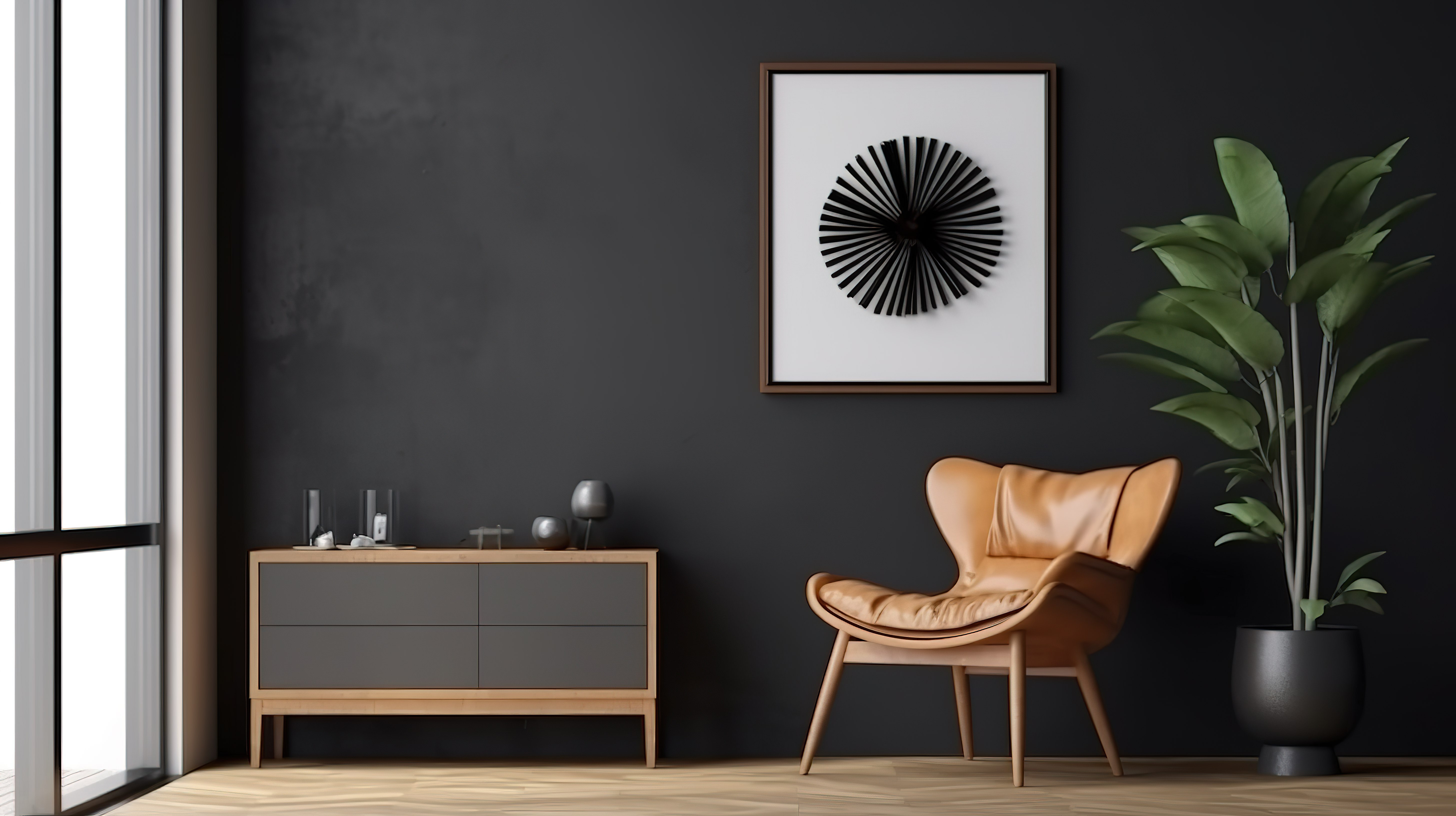 现代室内 3D 渲染灰色墙壁背景，配有模拟海报框架木椅和风扇图片