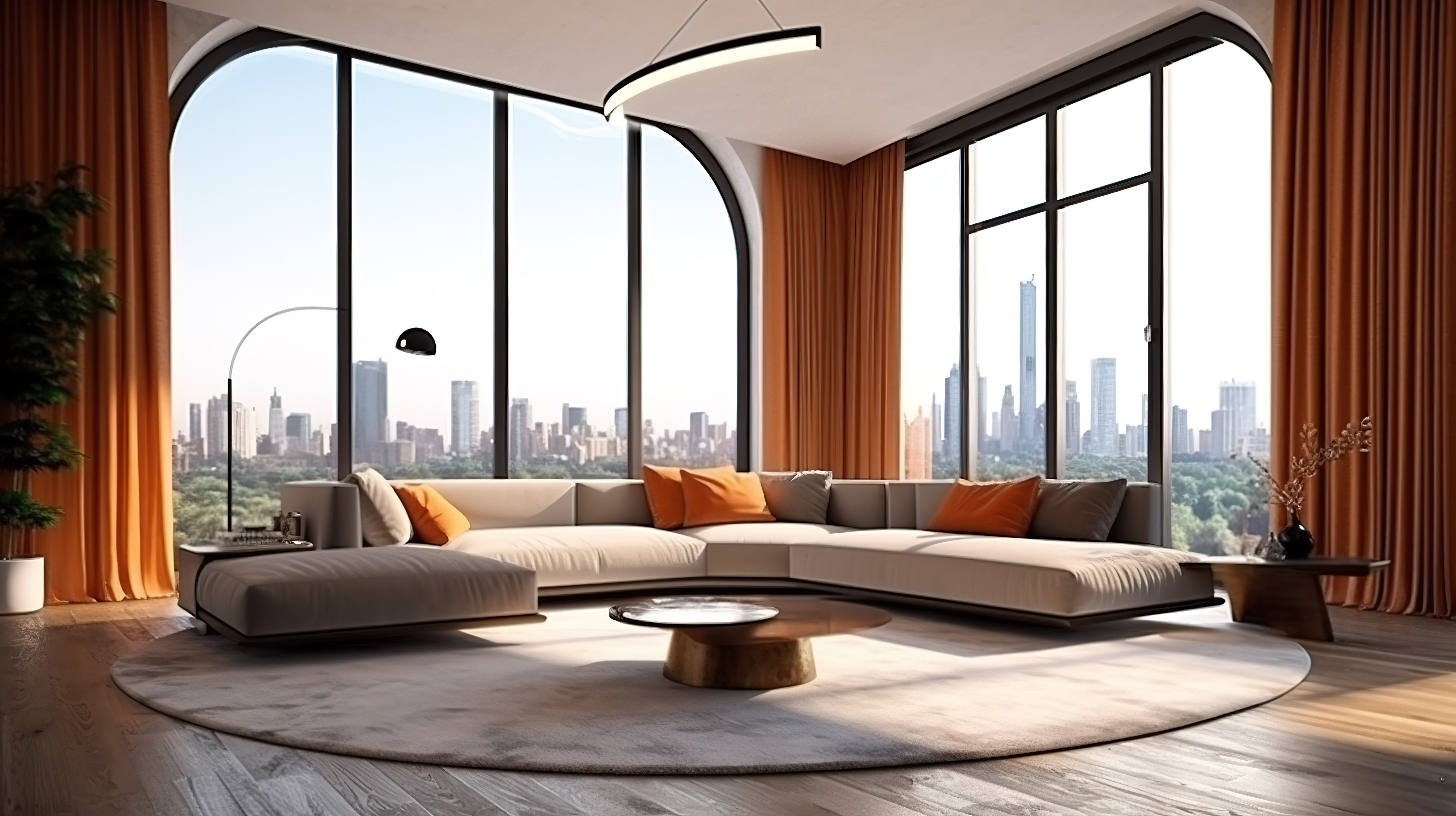 带全景窗户和现代豪华室内设计的客厅的 3d 渲染图图片