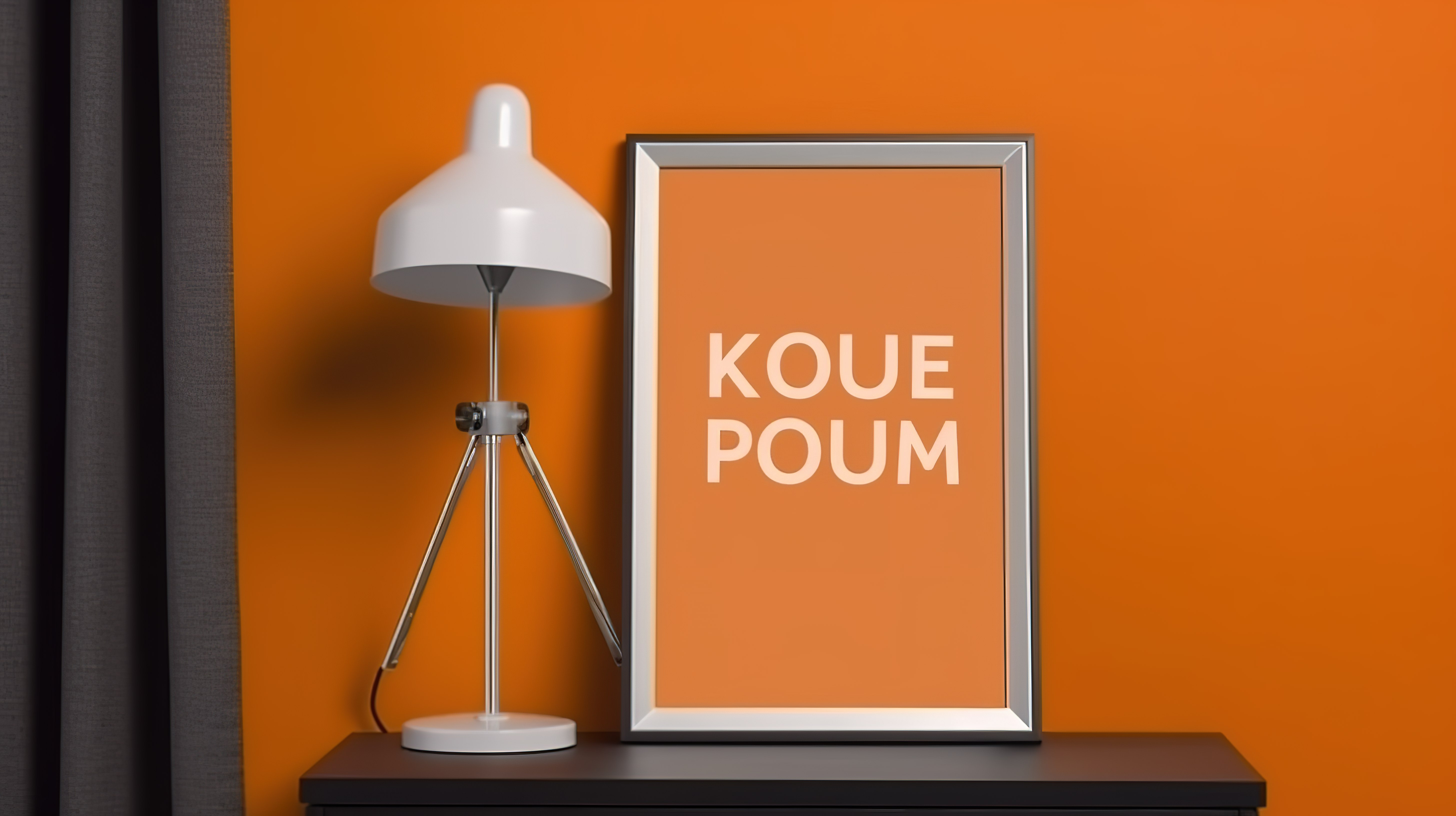 带橙色墙台灯和模型海报框架的现代室内 3D 渲染图片
