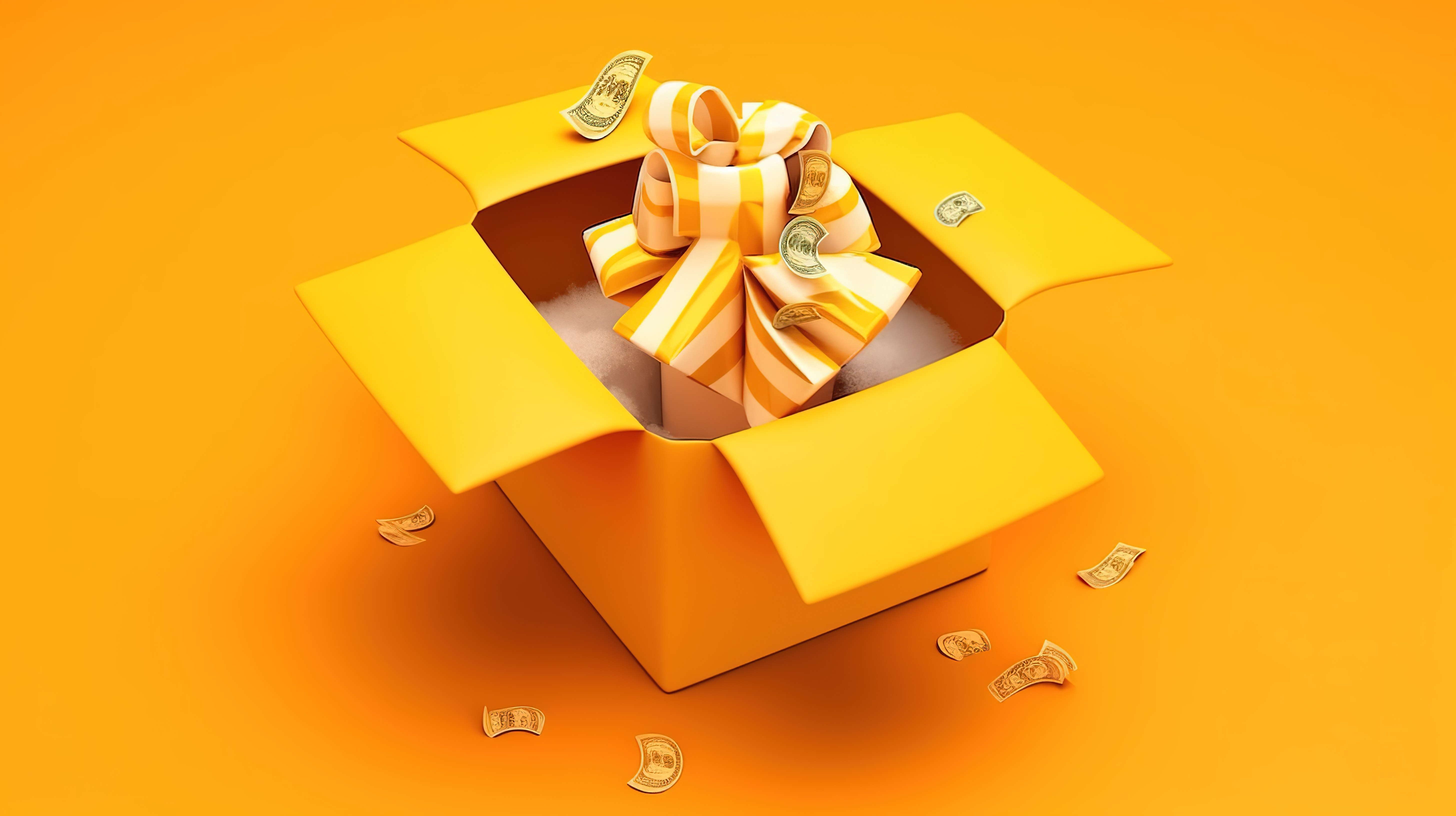 黄色背景上的简约惊喜包打开礼盒，配有现金和 3D 卡片图片