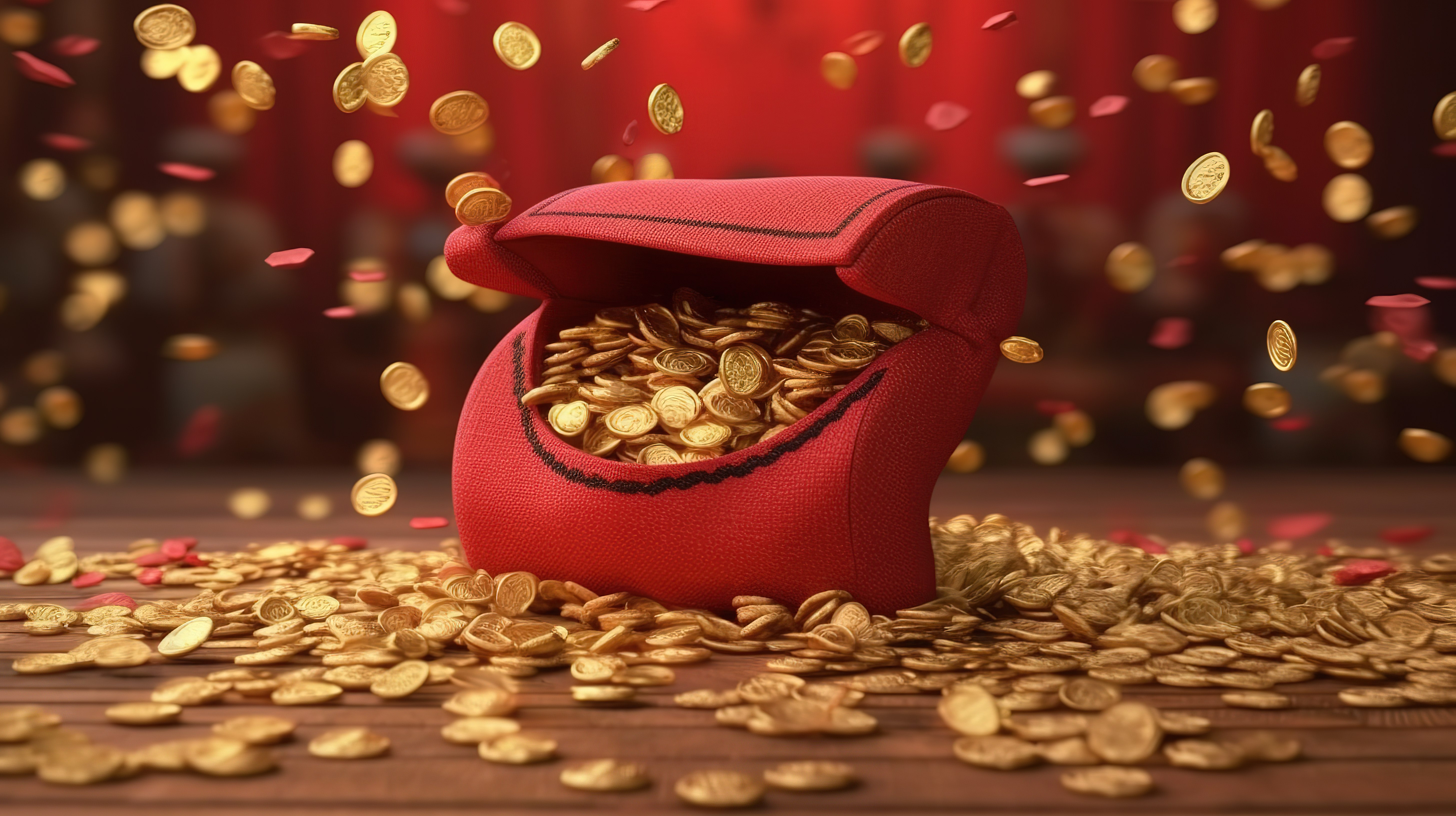 中国新年的福袋是金币宝库，背景是下降的 3D 渲染图片