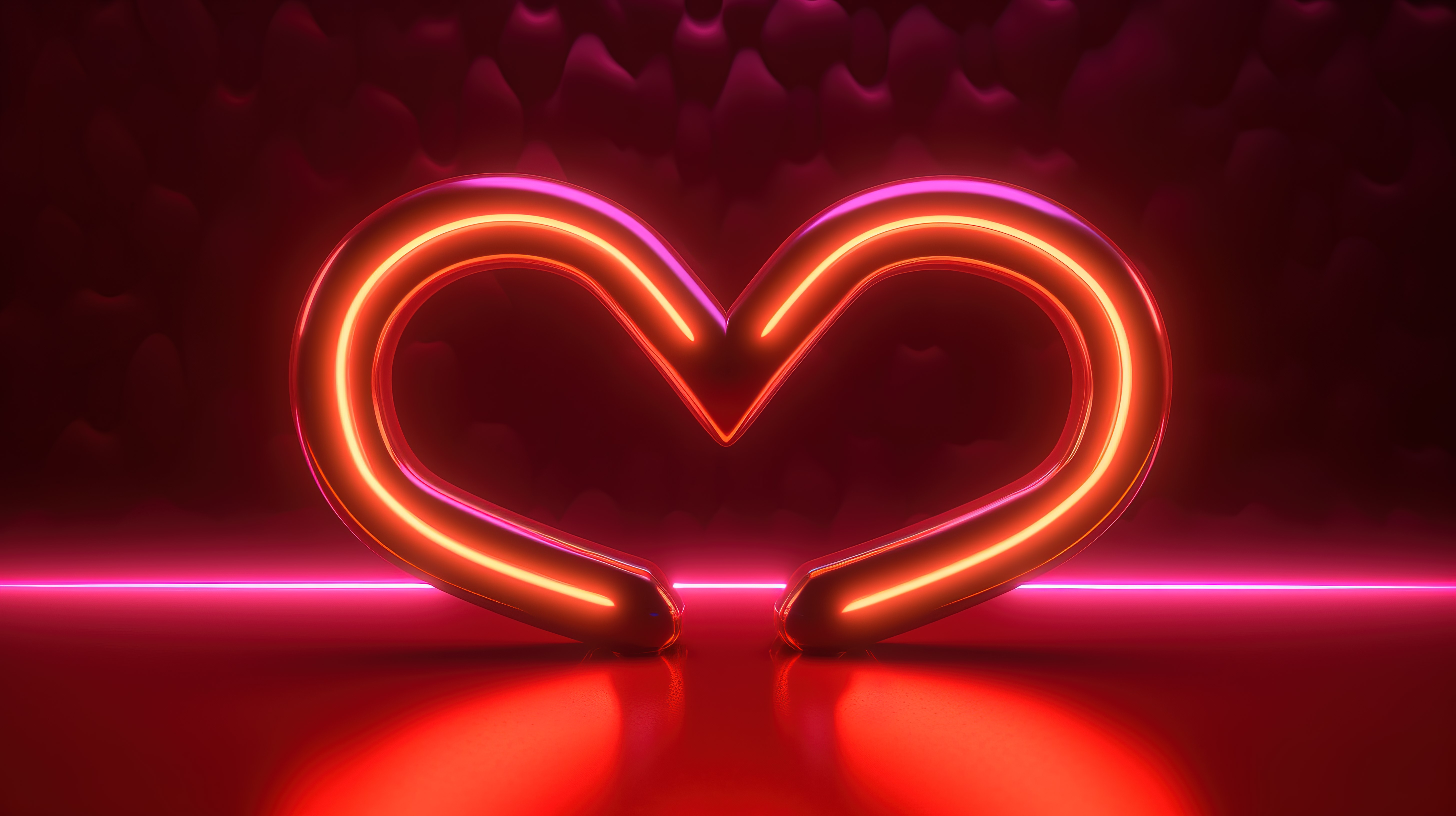 光芒四射的霓虹心二人组在充满活力的红色背景上反射，非常适合情人节主题 3D 渲染图片