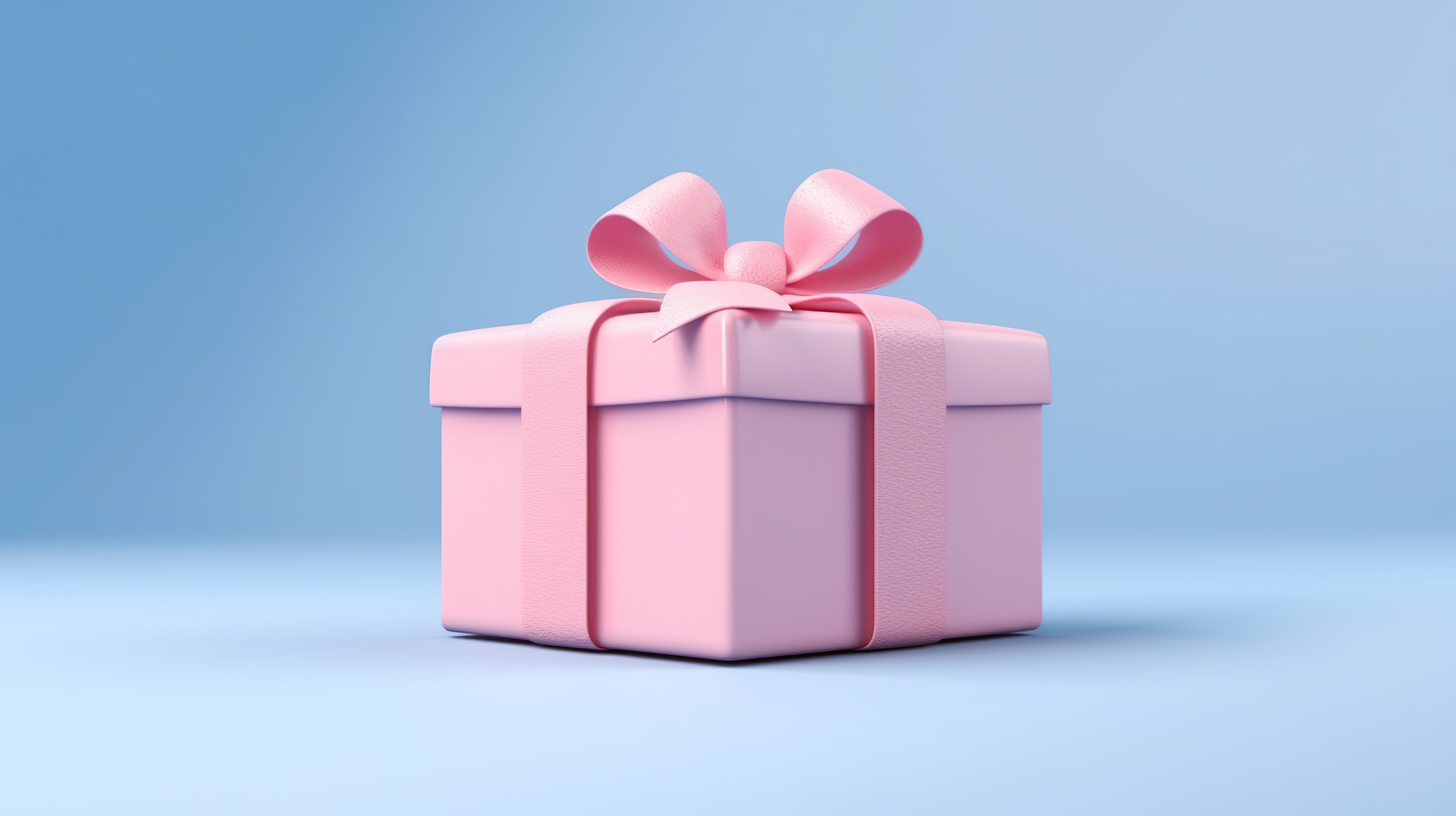 最小粉色背景的 3D 插图，带有用蓝丝带绑着的淡粉色礼品盒图片