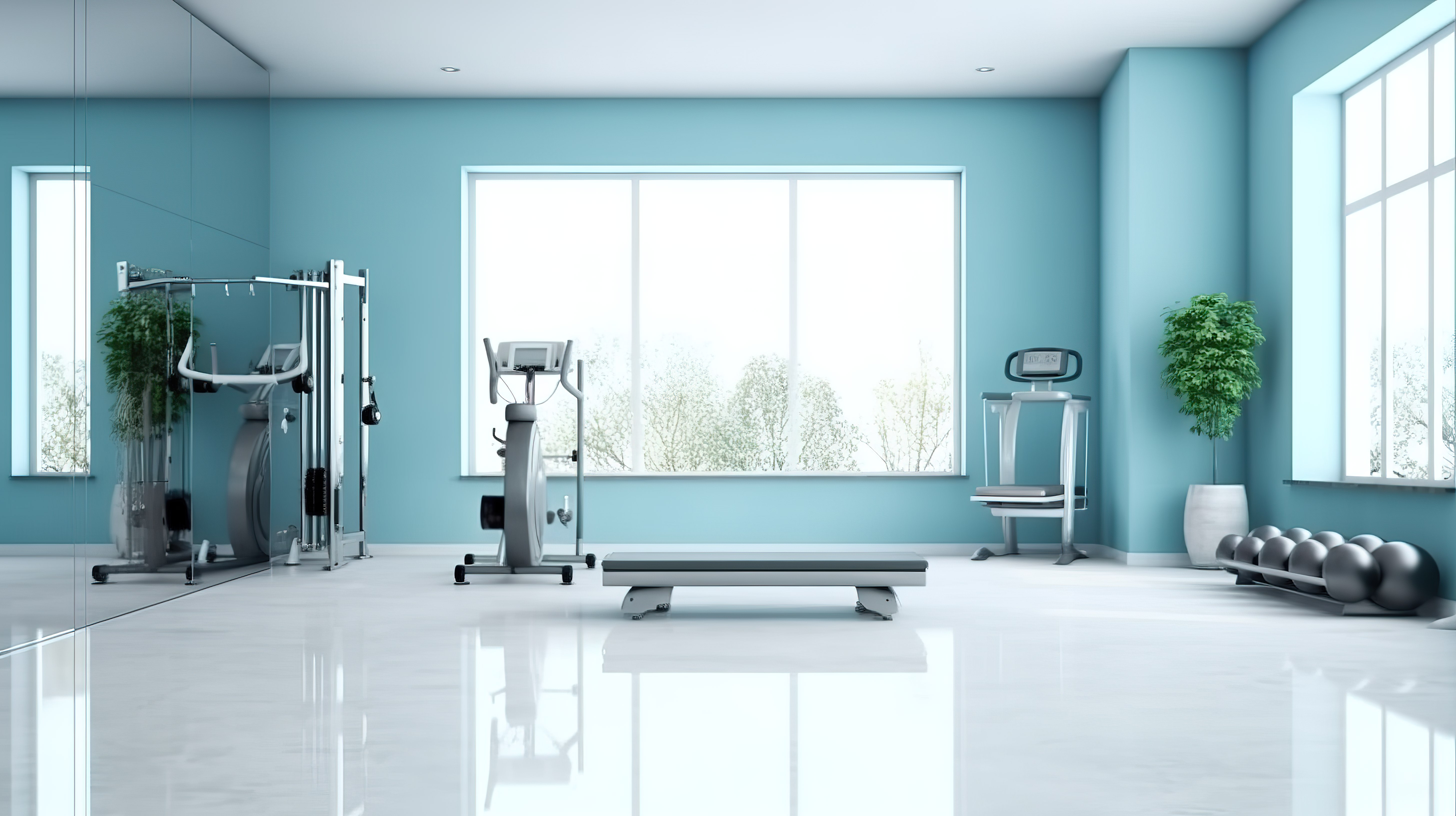 现代健身中心配备高端运动和健身器材 3D 渲染图片