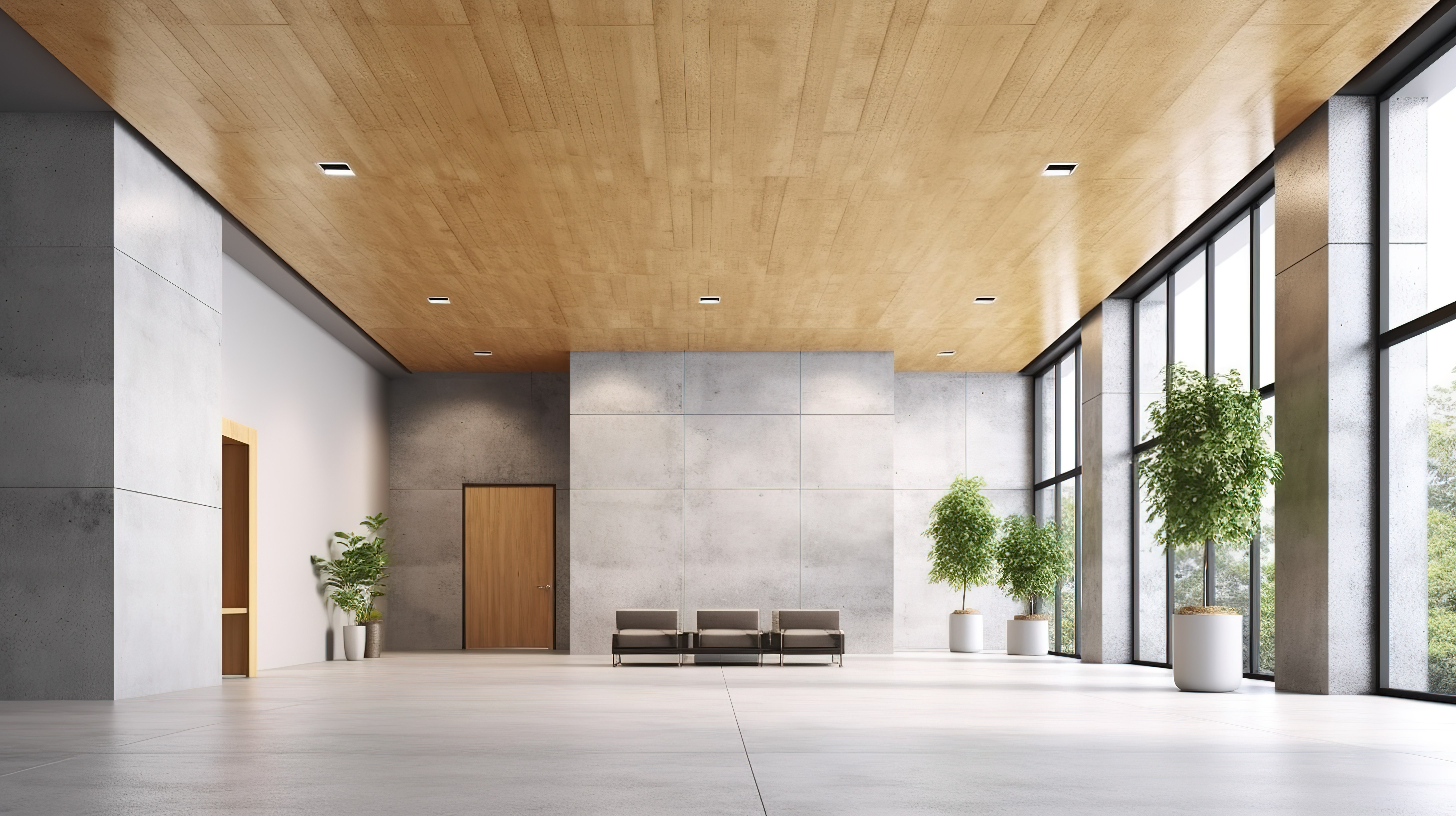 办公室内生态友好的开放空间大堂，配有混凝土地板木质天花板接待区电梯和 3D 渲染插图图片