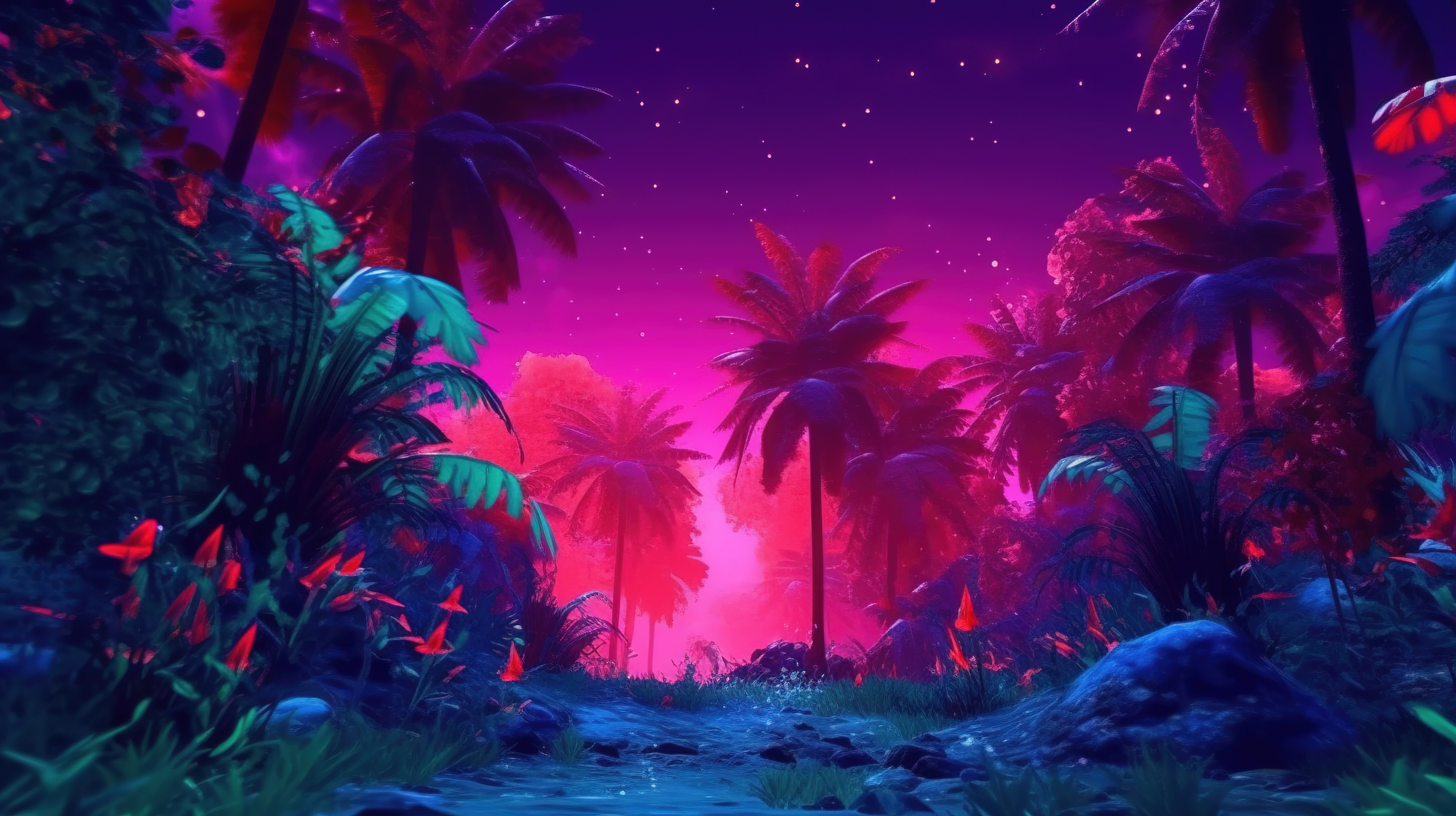 日落时虚幻的霓虹棕榈森林，3D 插图中令人惊叹的奇幻景观图片
