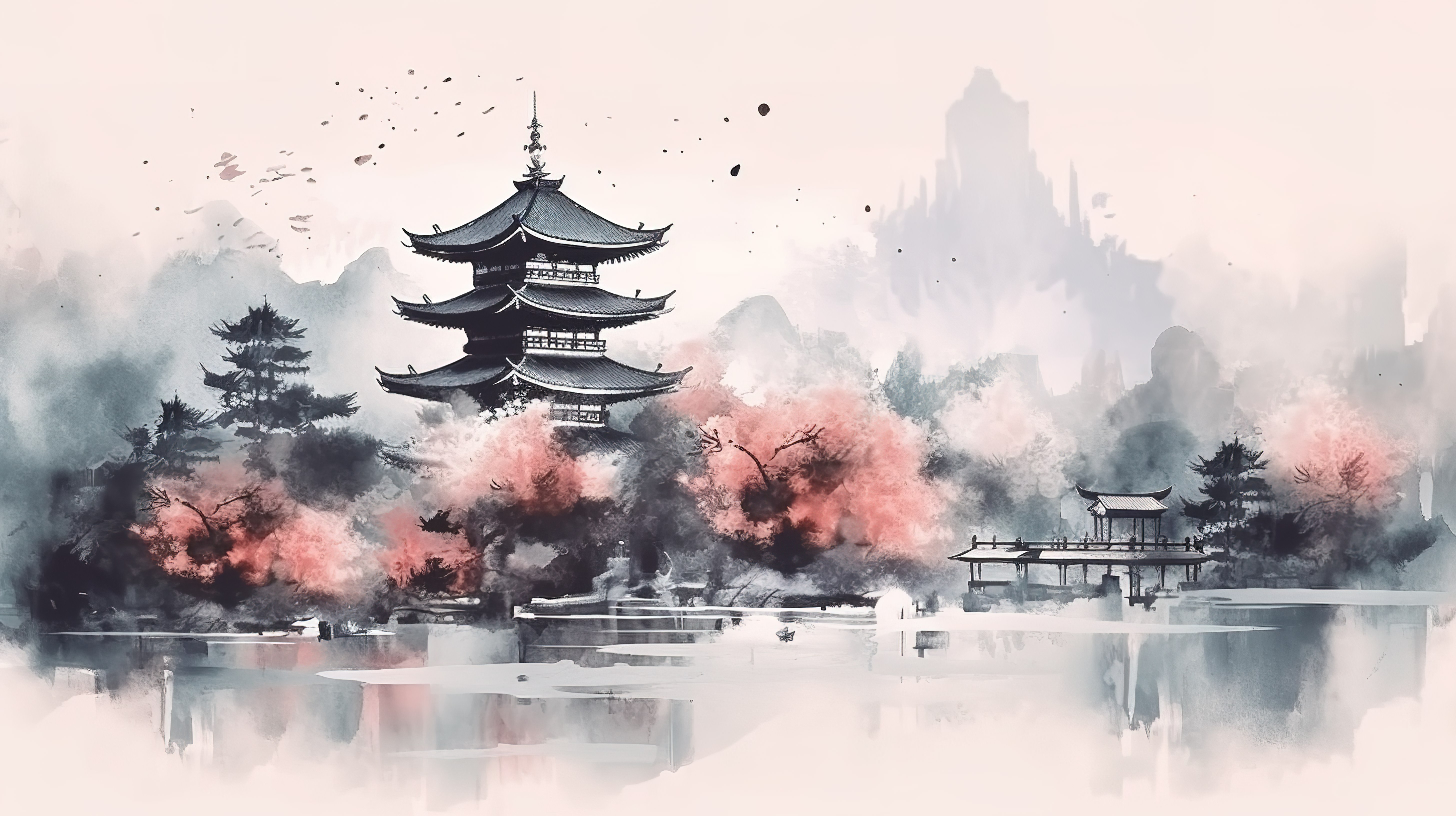 日本水彩水墨画风格东方抽象风景的 3d 插图图片