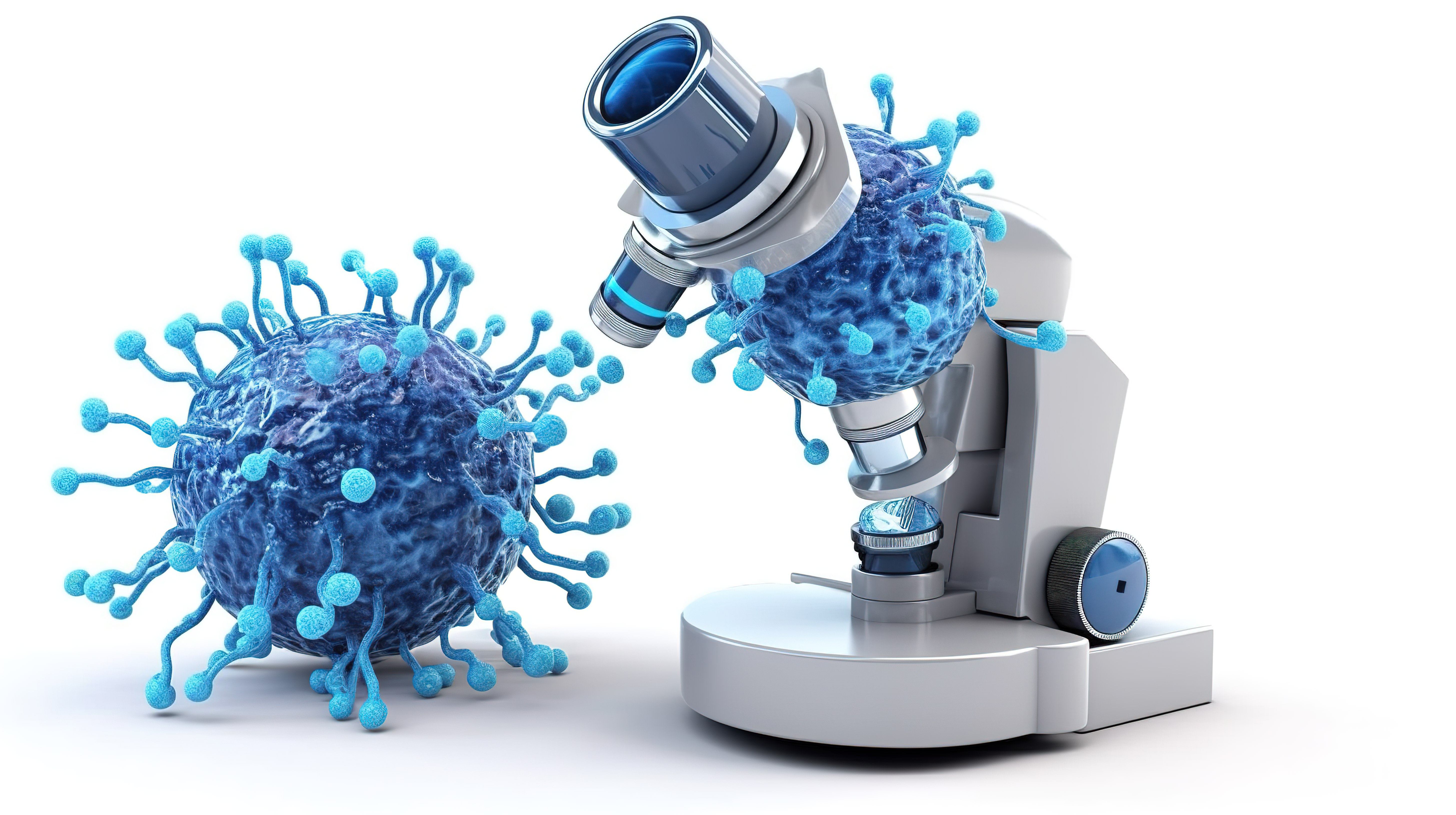 白色背景 3D 渲染上的当代实验室显微镜和蓝色细菌或病毒细胞图片