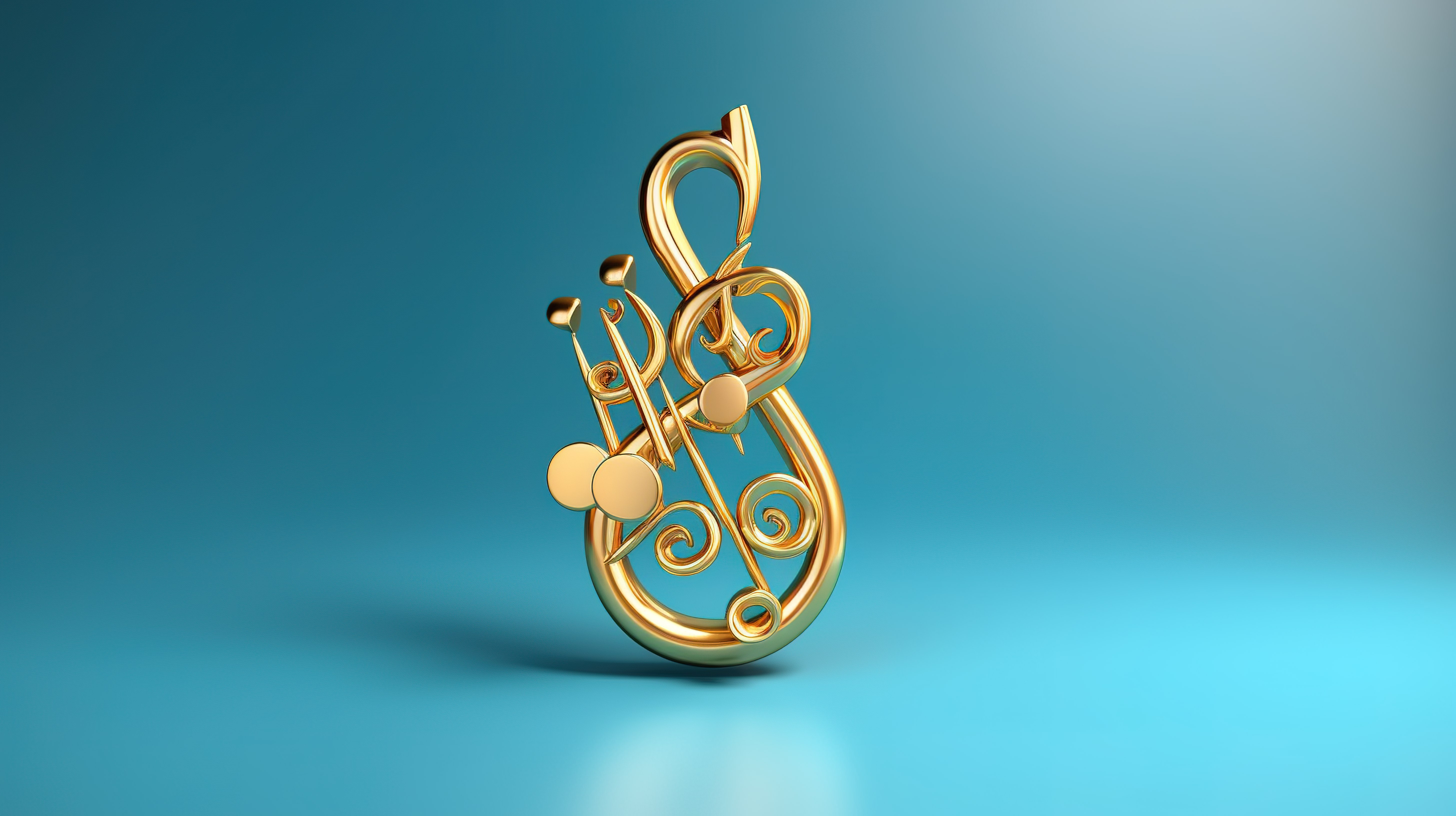 3D 金色音乐符号元素，用于设计逼真的高音谱号和蓝色背景上的音符图片
