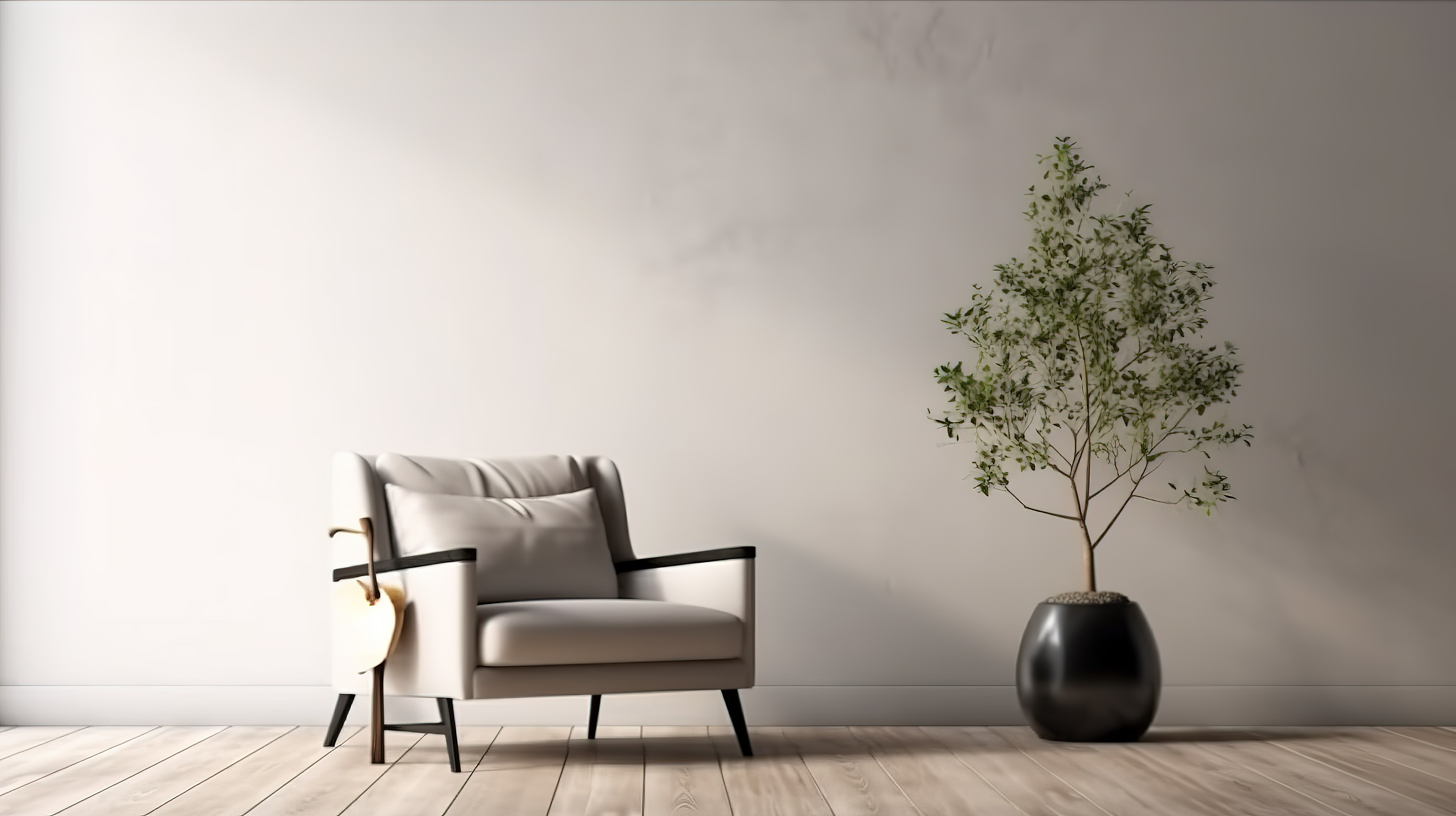 当代室内设计灰色扶手椅咖啡桌白色墙壁和木地板空墙模型的 3D 渲染图片
