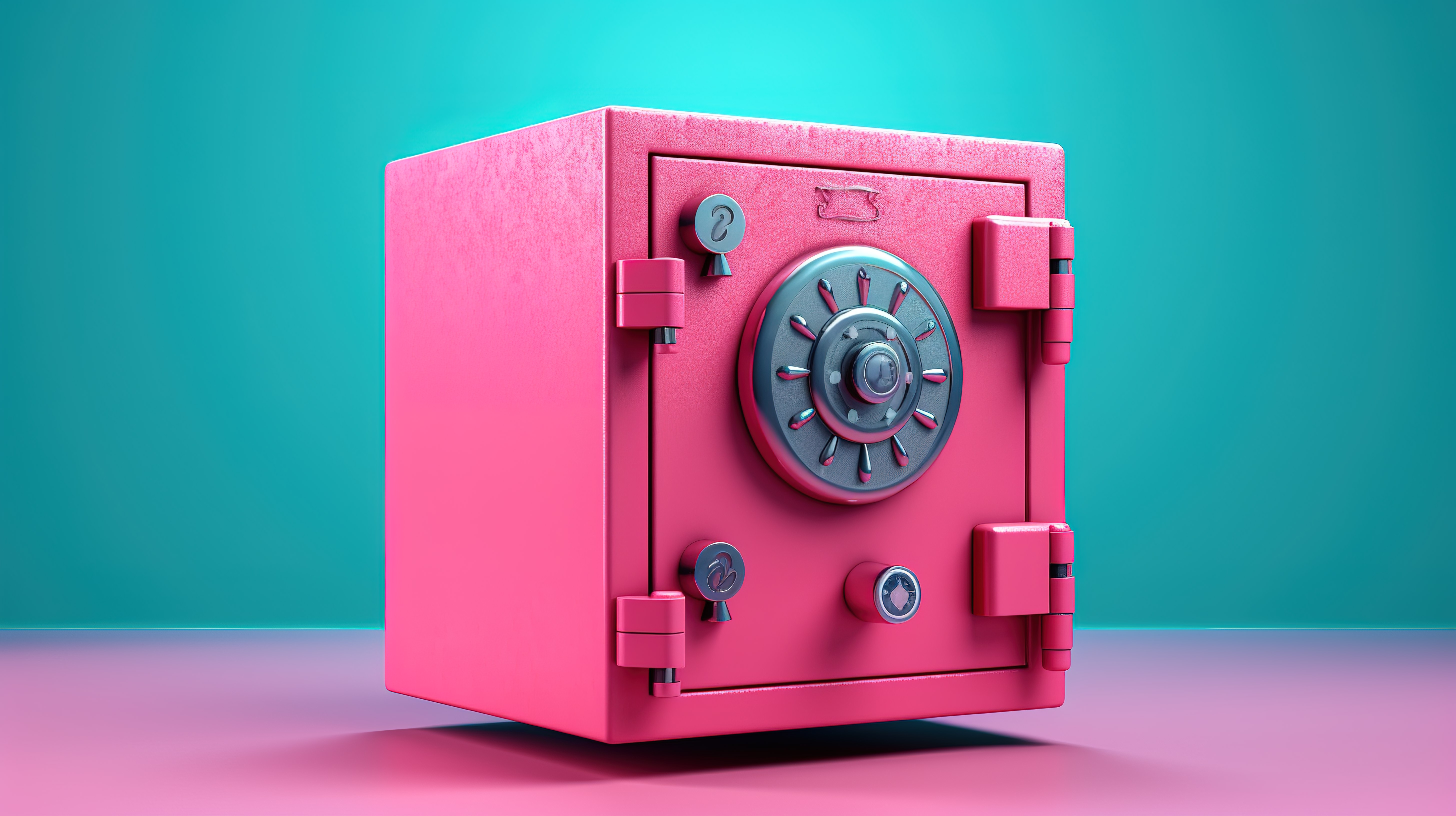 蓝色背景 3D 渲染双色调风格粉色保险库，带安全码图片