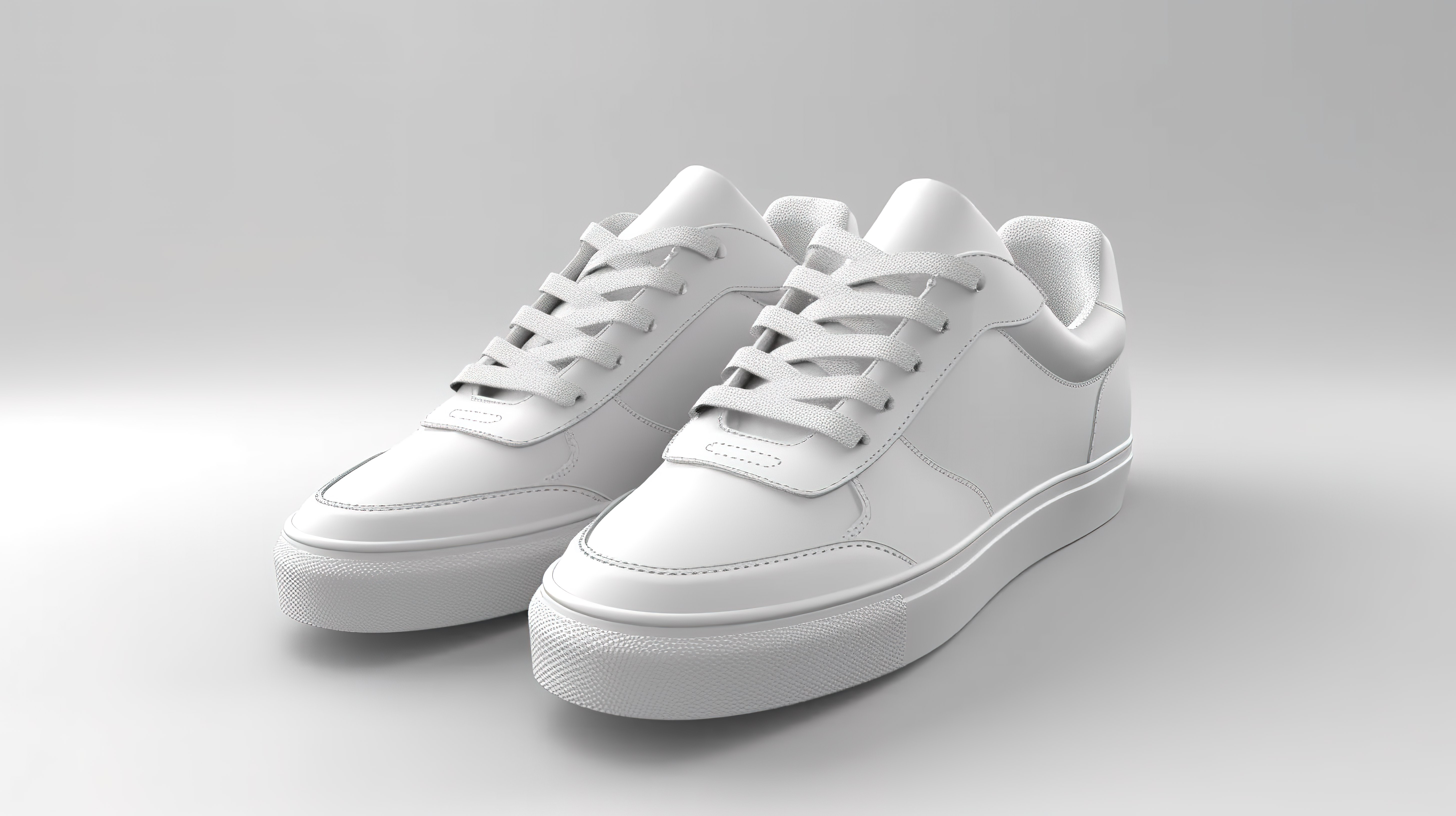 新设计的纯白色运动鞋展示在 3D 数字创建的空白背景上图片
