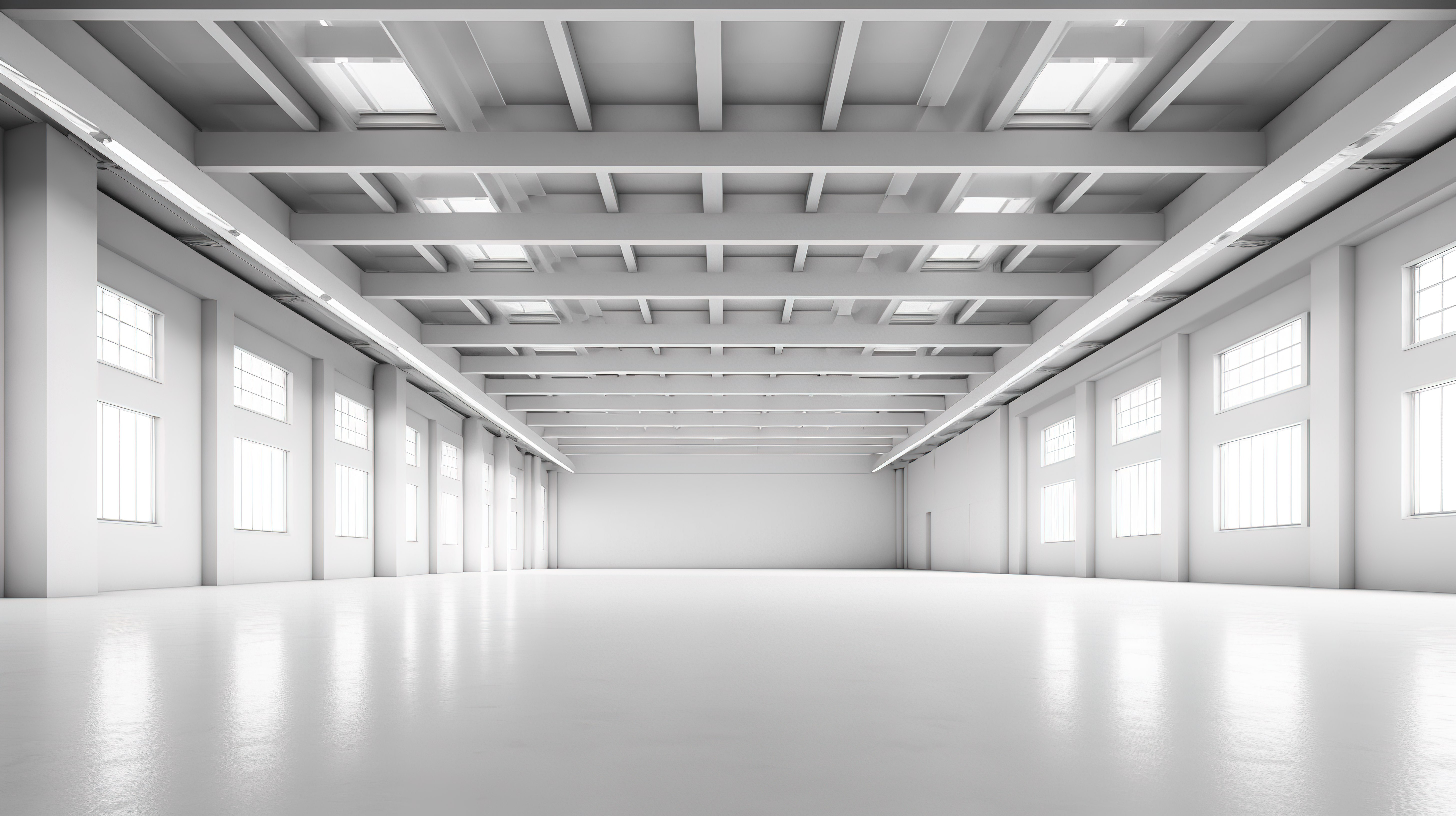 现代白色仓库内部的时尚 3D 渲染，具有简约的钢框架和开放空间图片