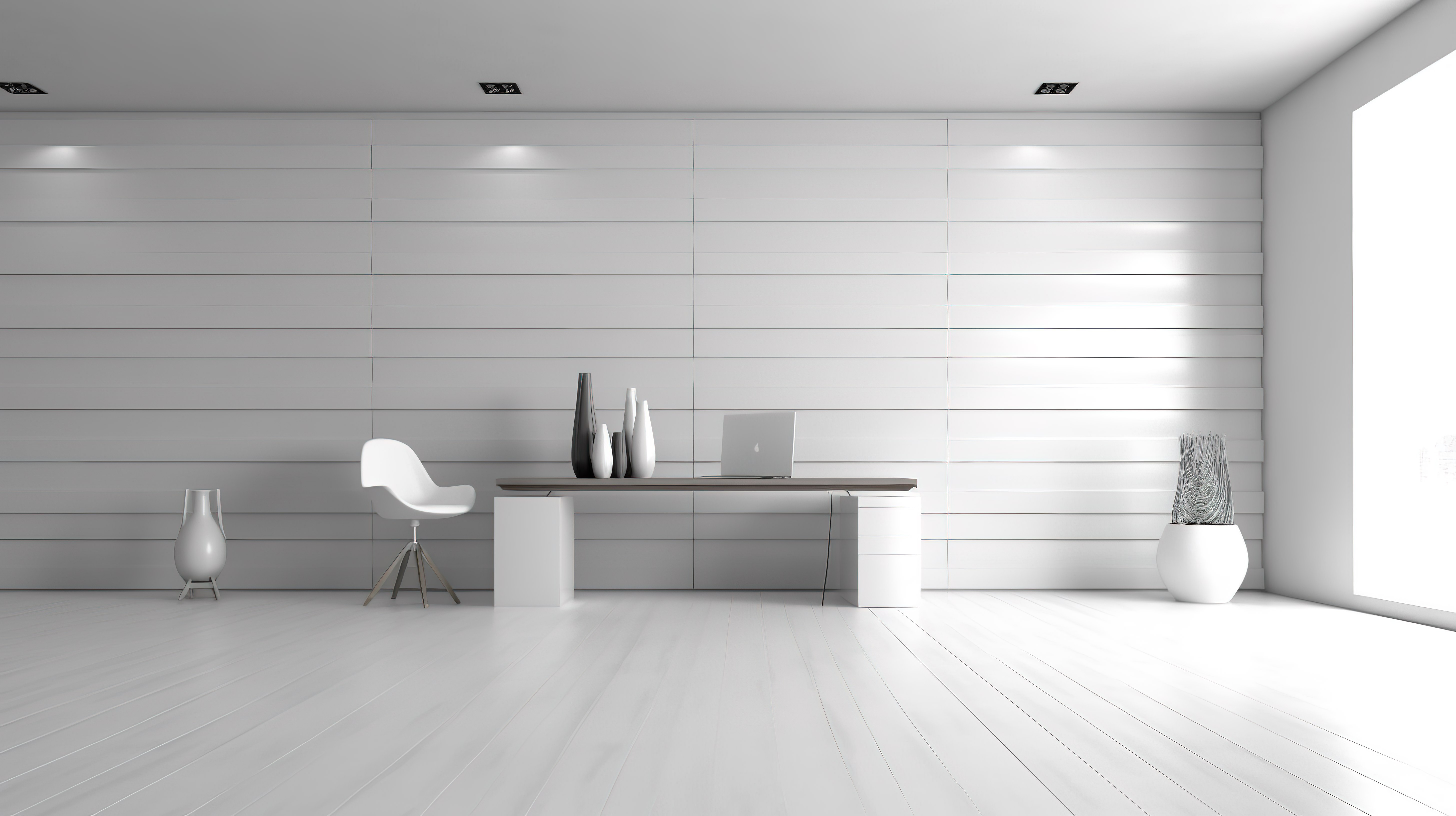 简约的室内设计白色办公家具与空墙样机 3D 渲染图像图片