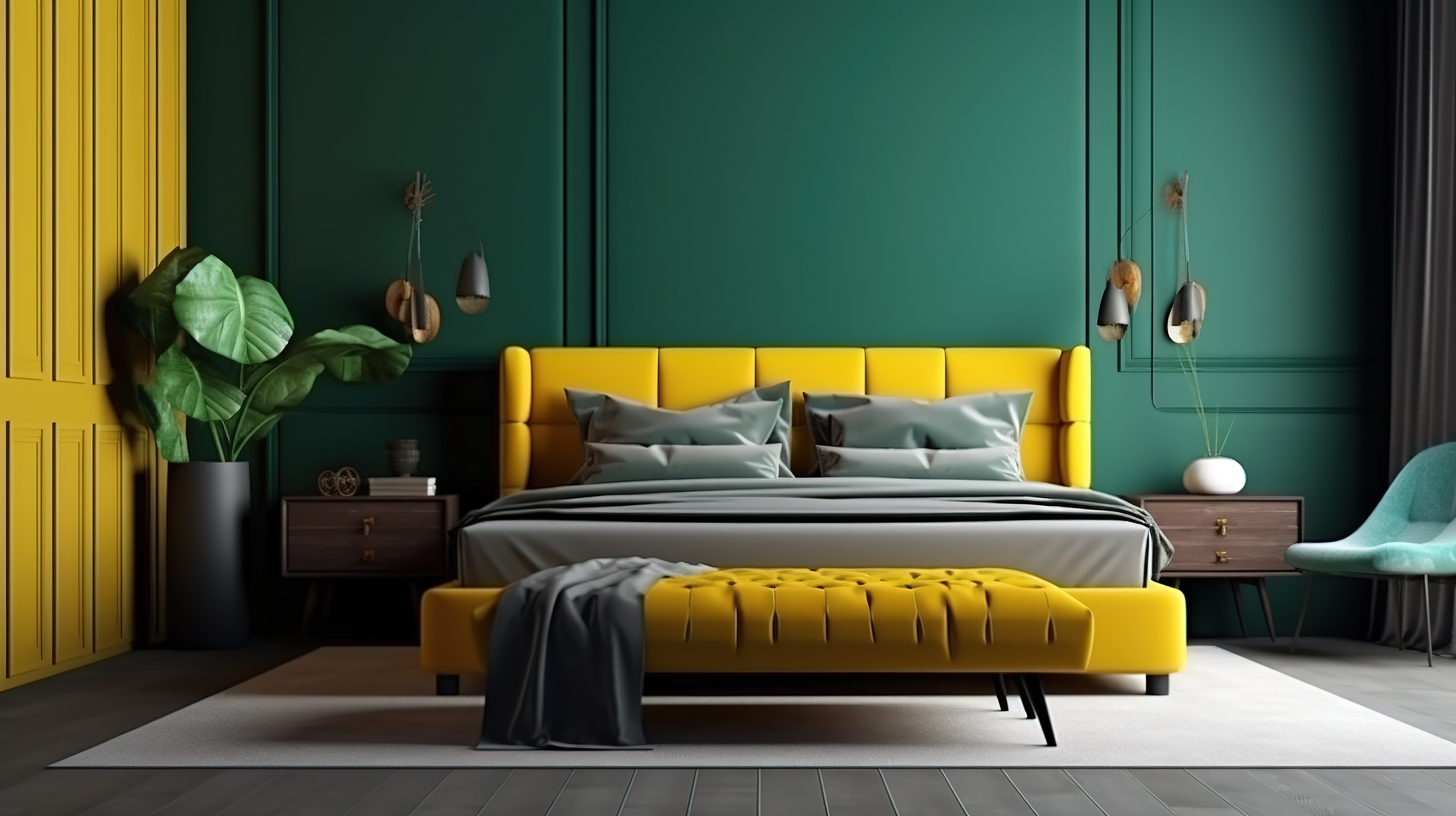 现代绿色主题卧室样机，配有别致的床和充满活力的黄色坐垫凳 3d 渲染图片