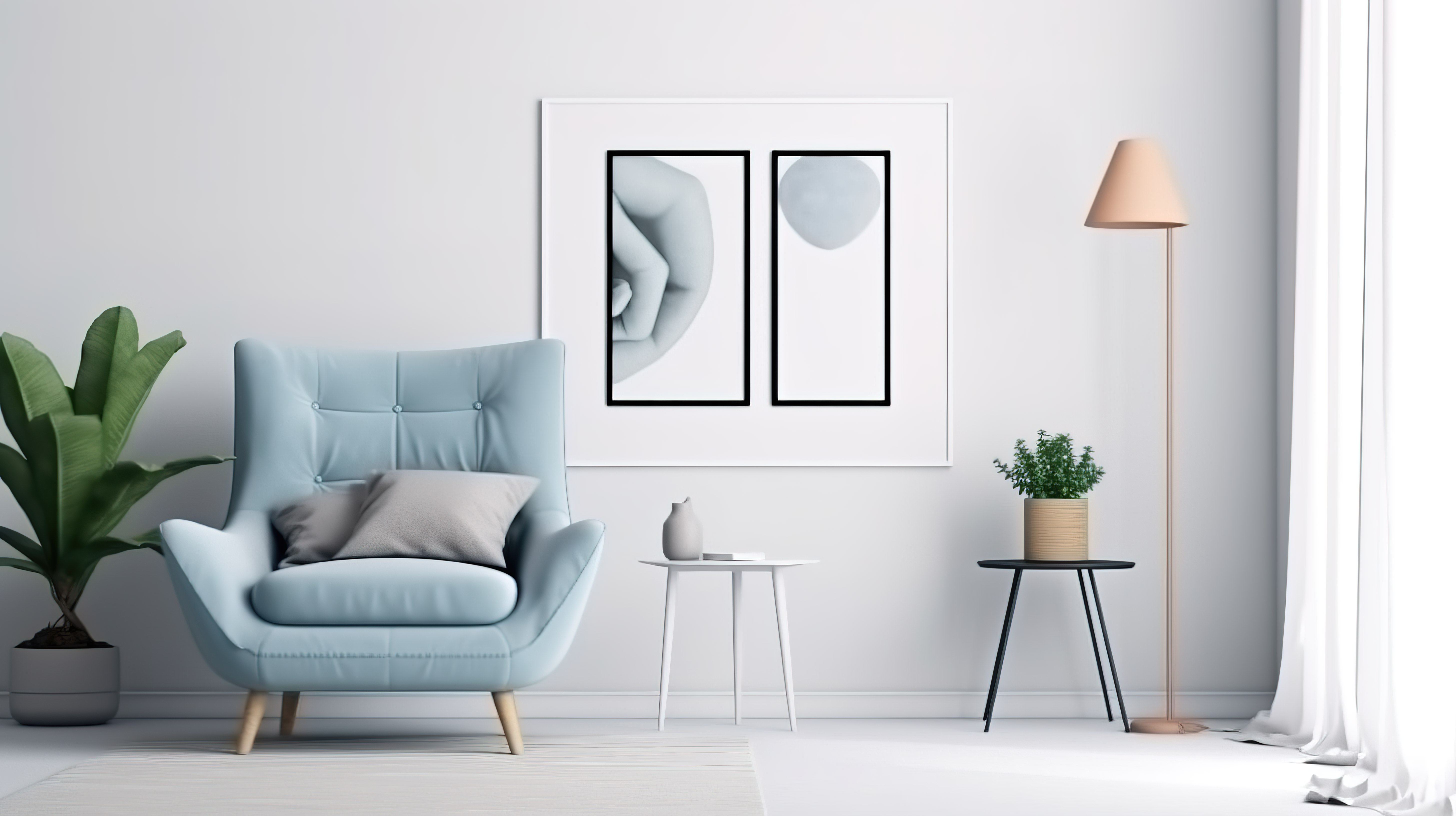 舒适的卧室场景，配有样机海报蓝色扶手椅和光墙 3D 渲染上的落地灯图片