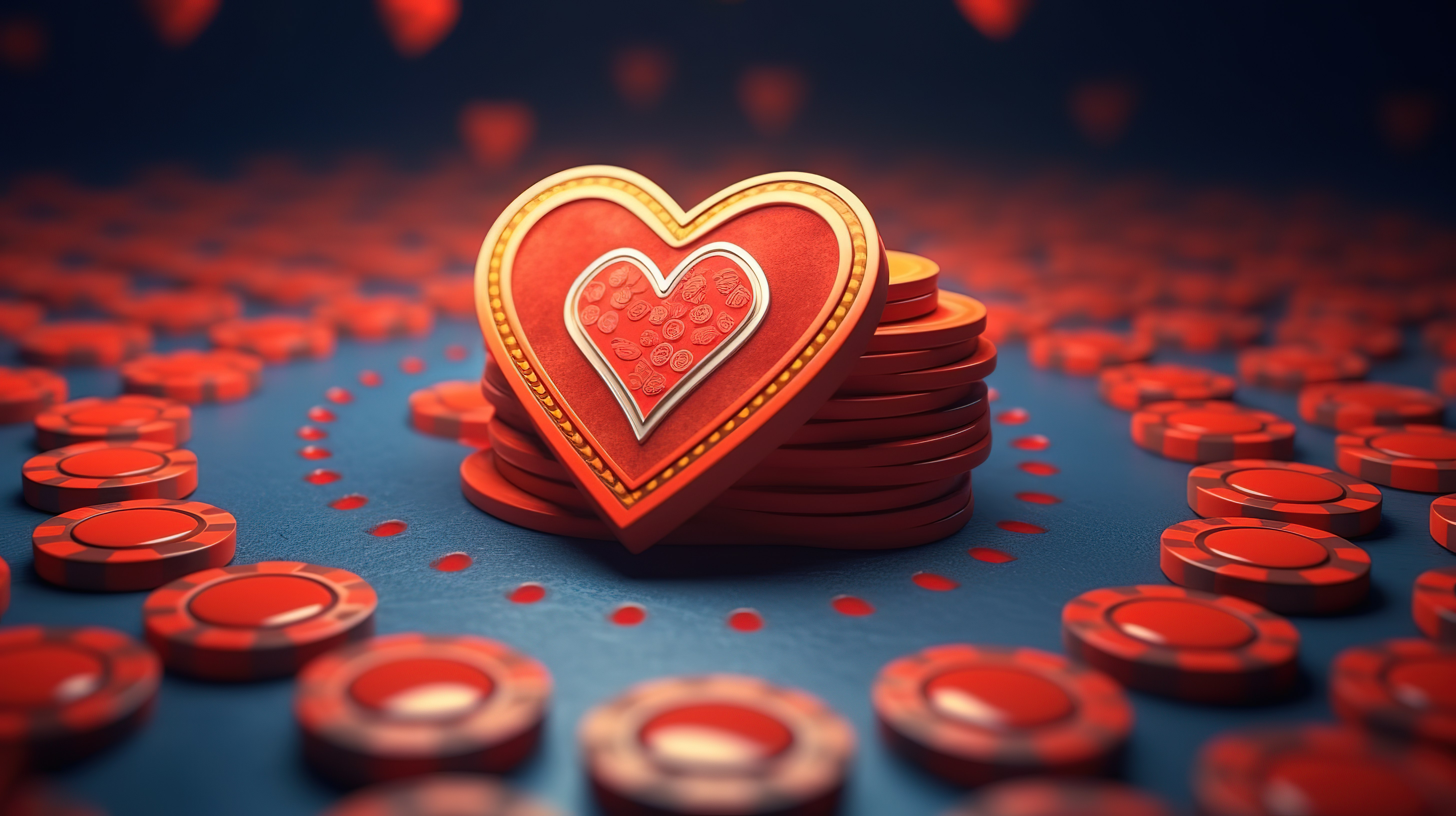 赌场元素在 3D 渲染中用红心套装玩筹码的插图图片