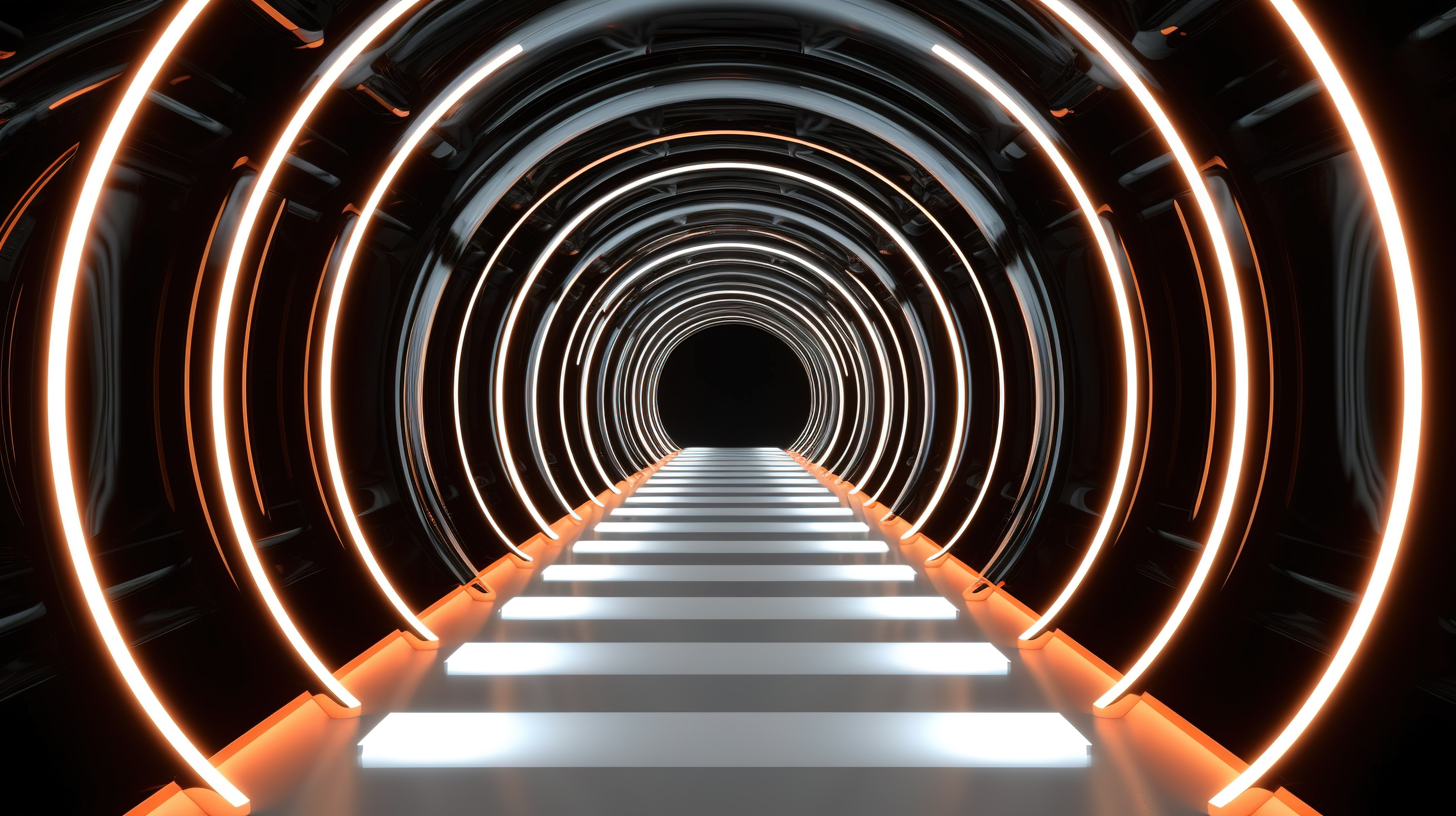 无尽的对称隧道透视充满活力的 3D 插图与白色霓虹灯图片