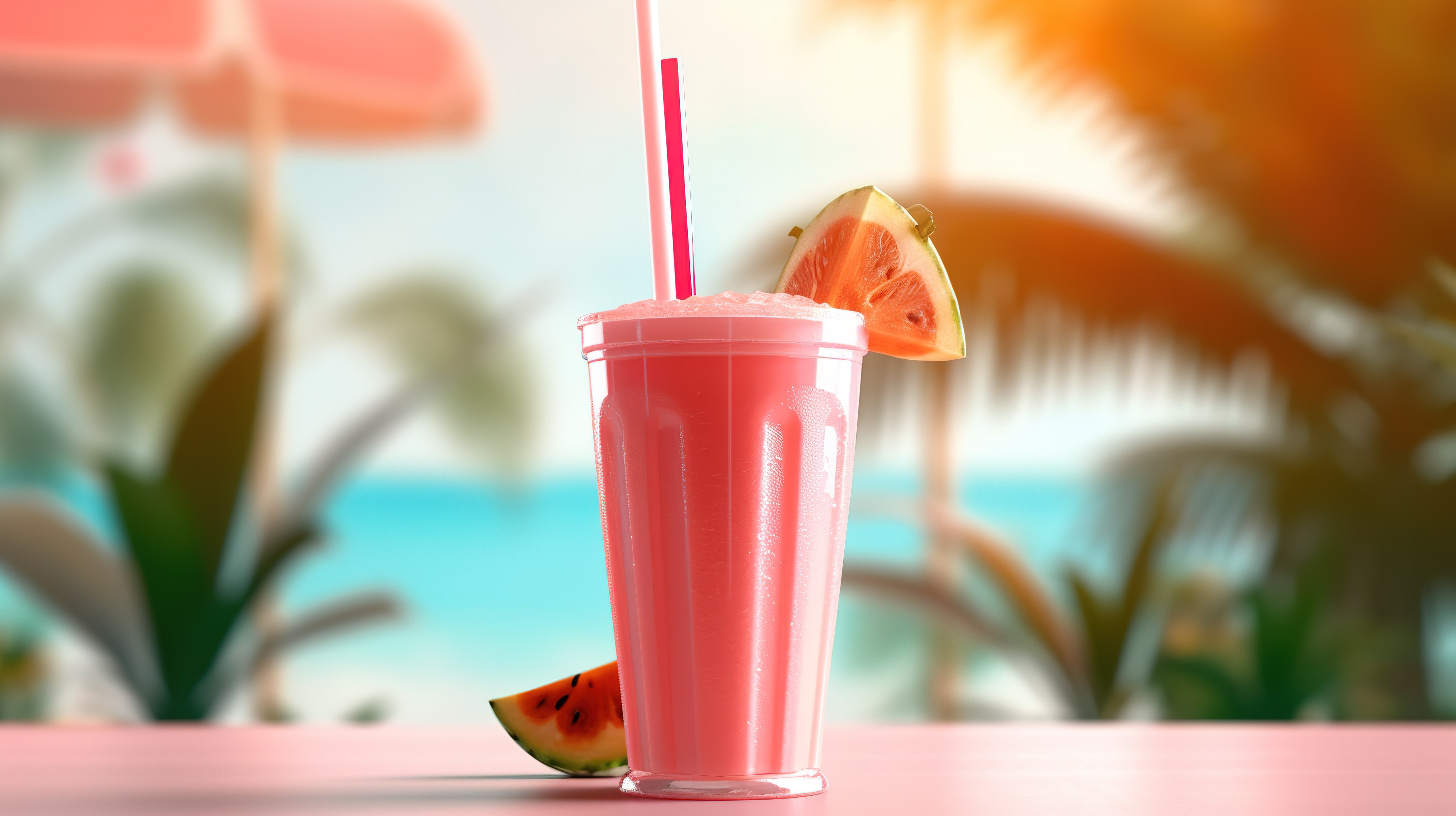 在清新的假期背景 3D 渲染中，在一杯具有热带氛围的杯子里喝清爽的粉红色夏季饮料图片