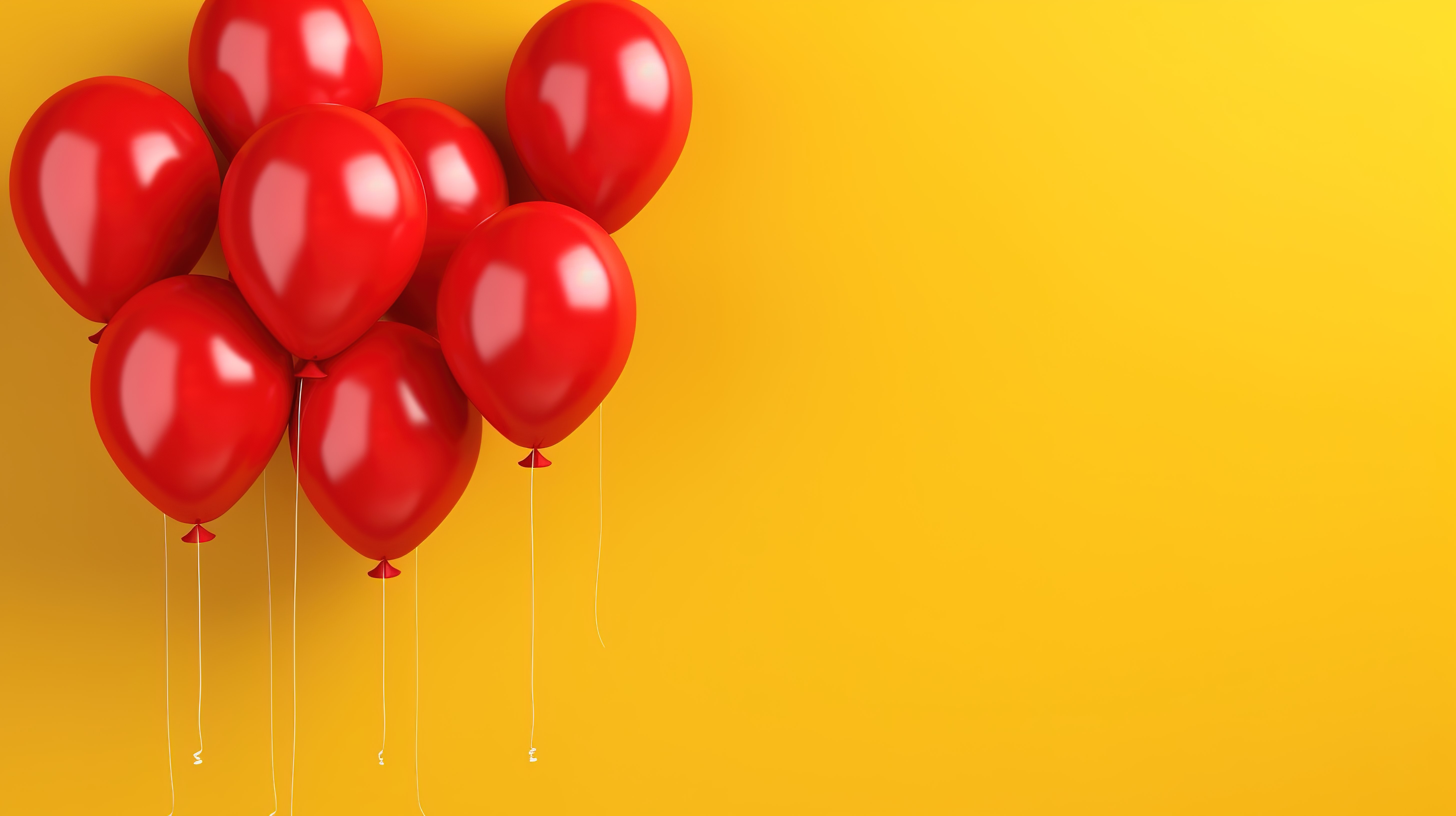充满活力的红色气球花束反对欢快的黄色墙壁背景水平横幅与 3D 插图渲染图片