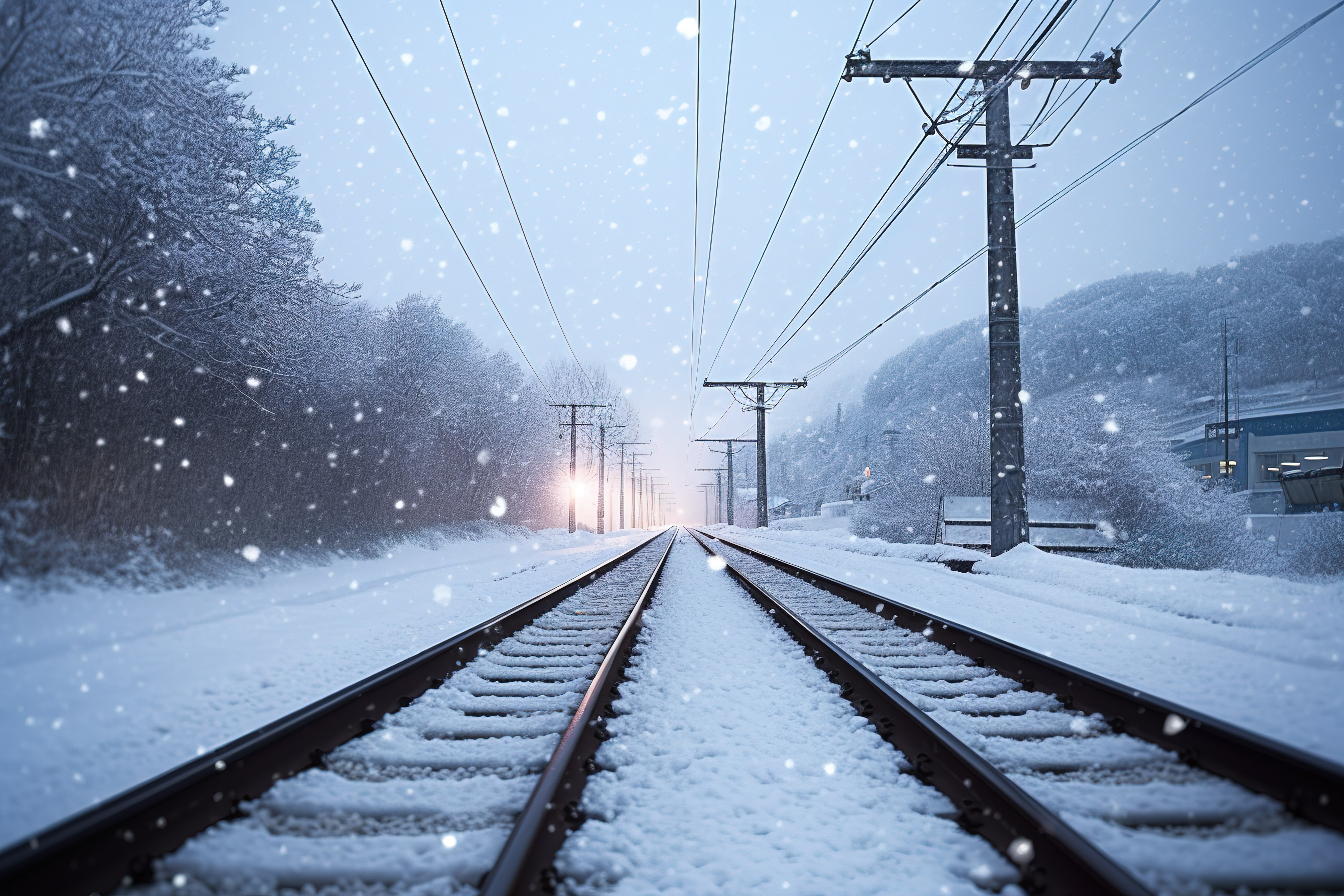 铁轨沿线有一些雪图片