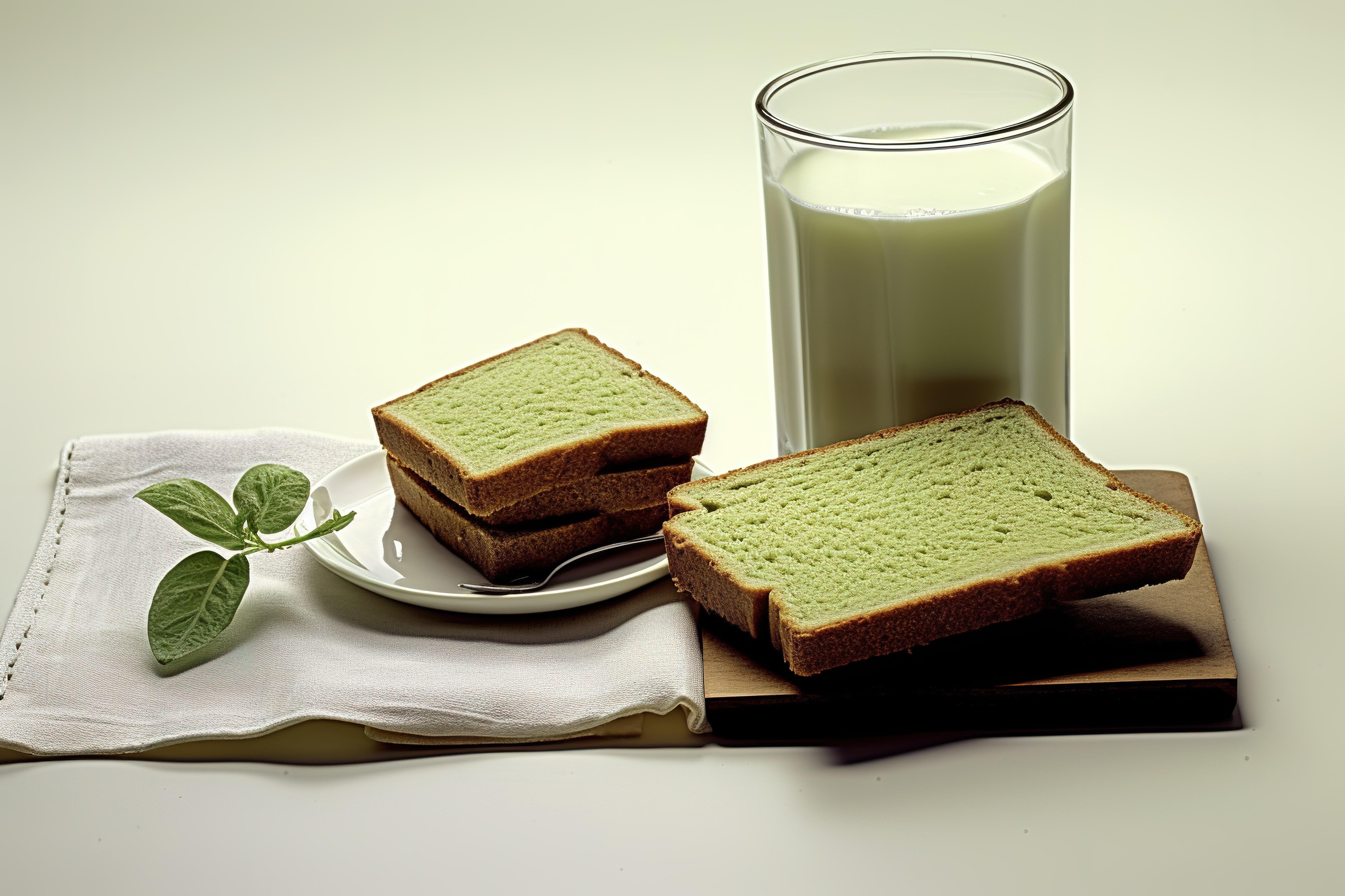 绿茶面包片和一杯牛奶图片