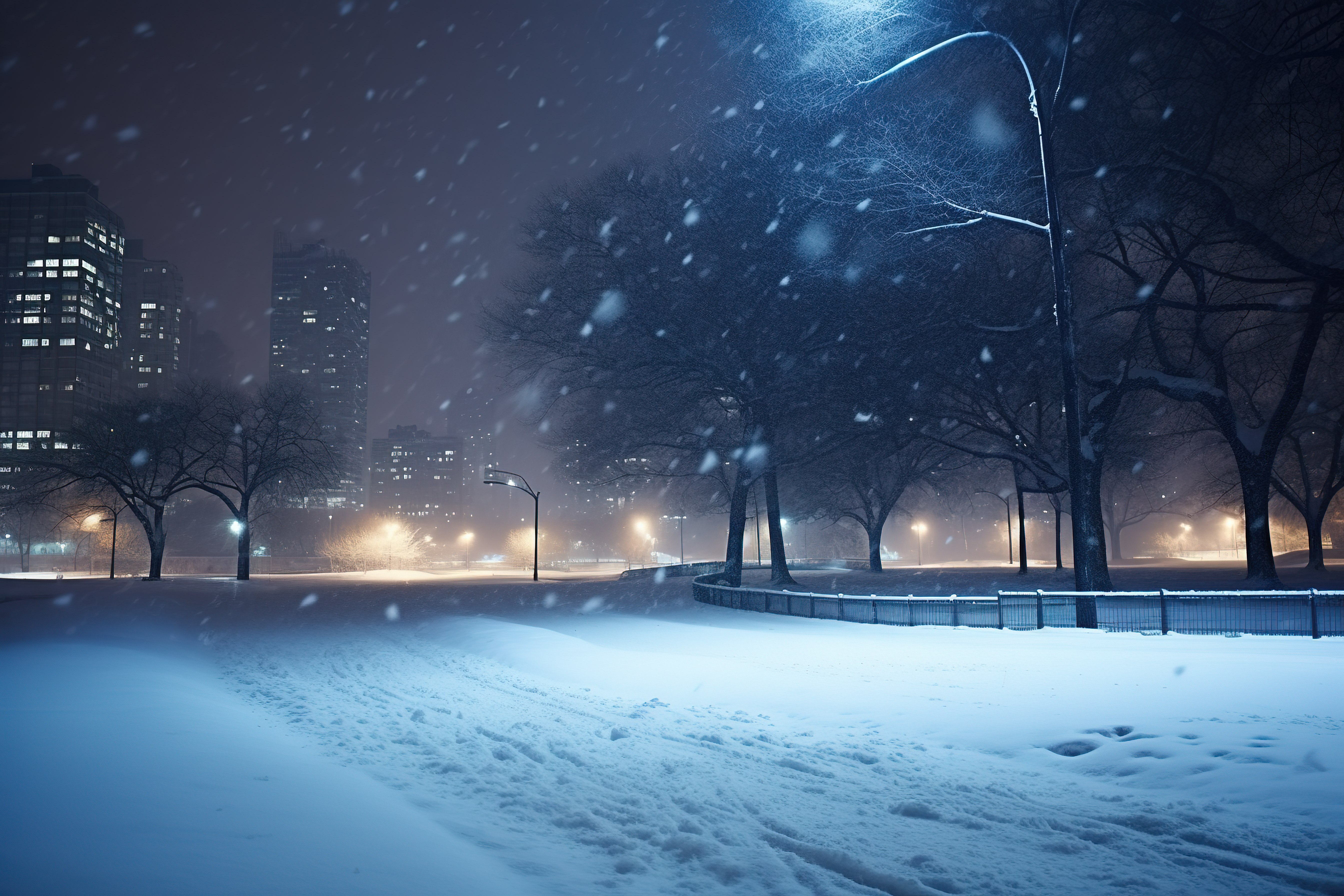 一场大雪落在公园和积雪覆盖的建筑物上图片