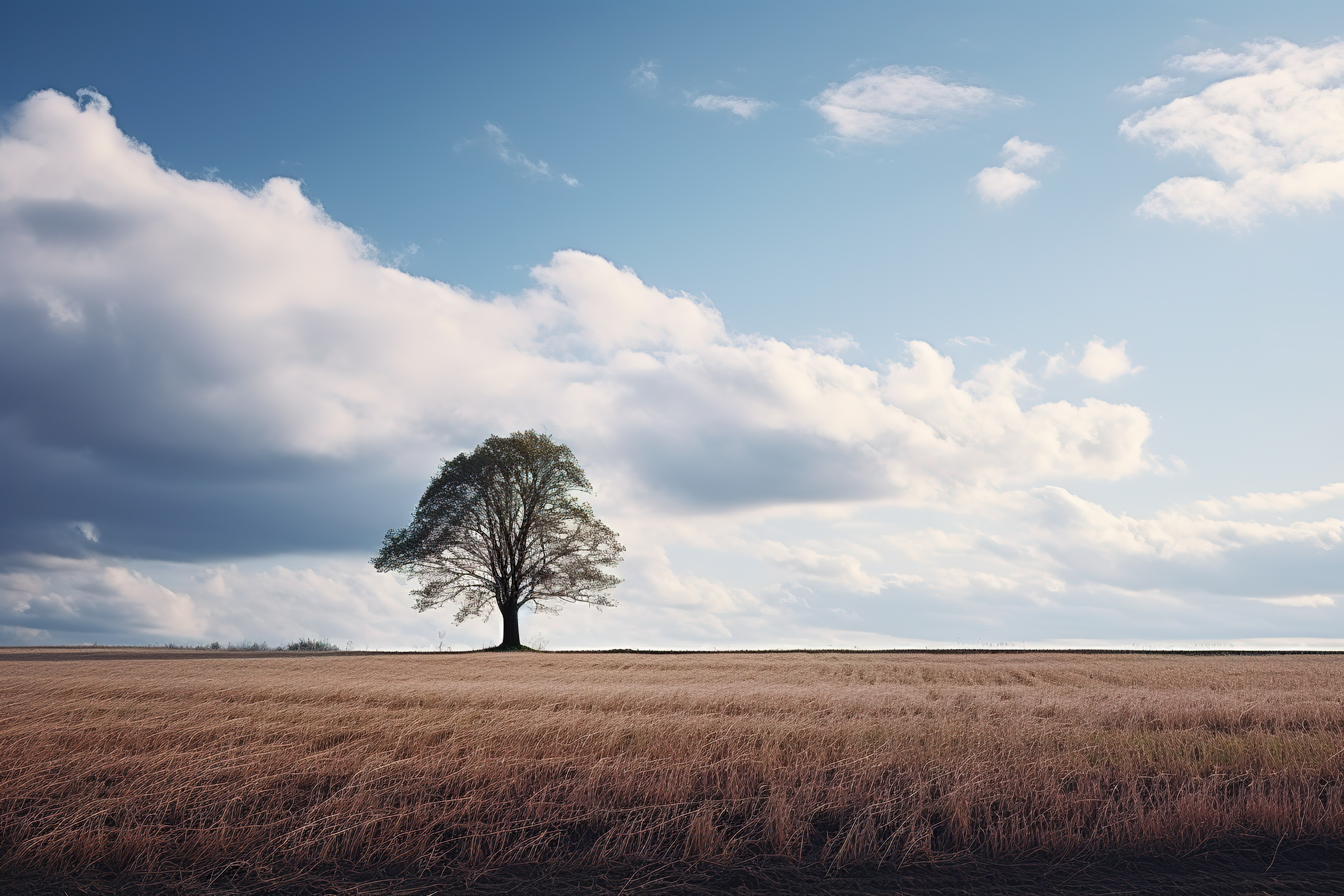 一棵孤独的树坐落在一片被云包围的大田野的边缘图片