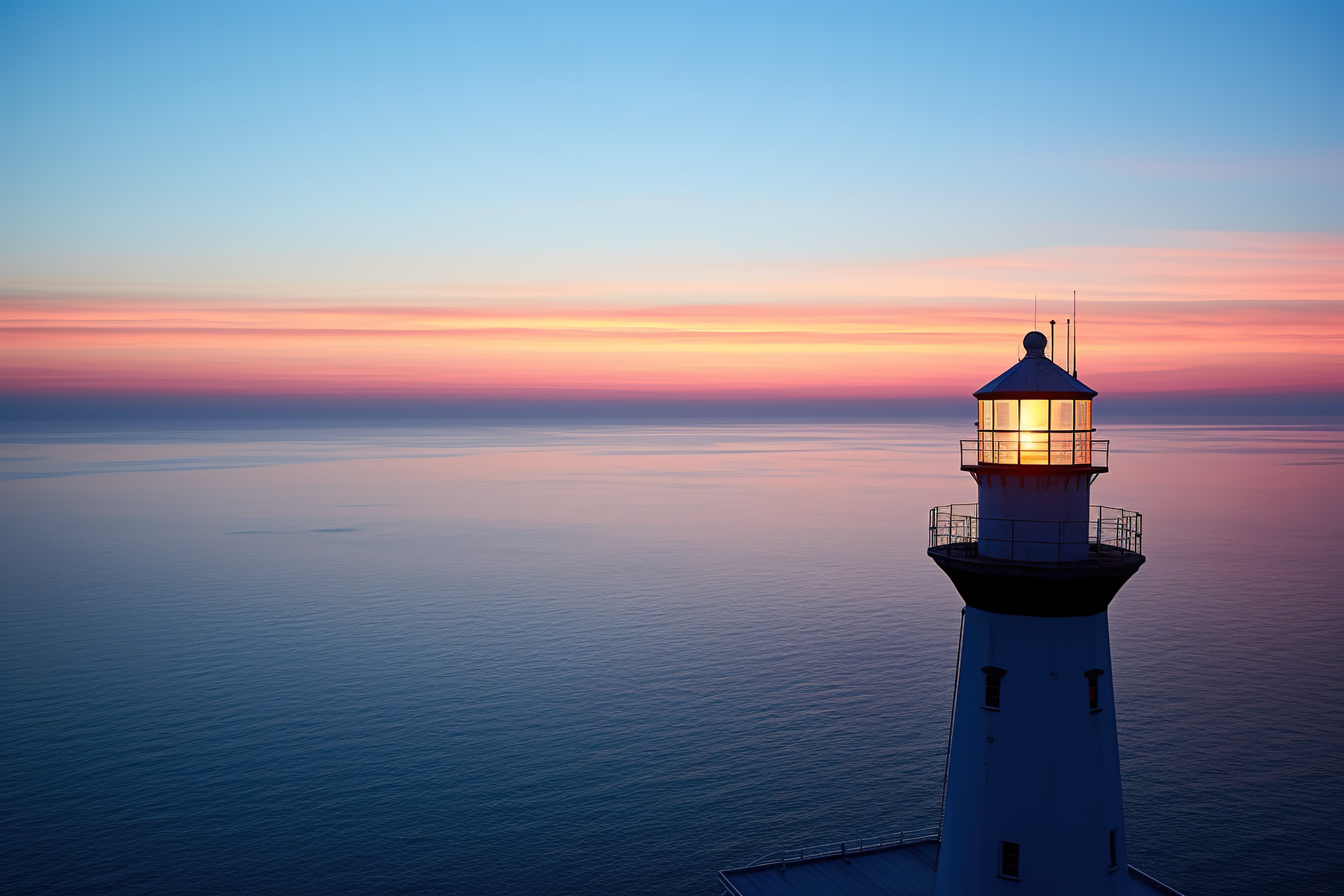 黄昏时，一座灯塔高耸在海洋之上图片