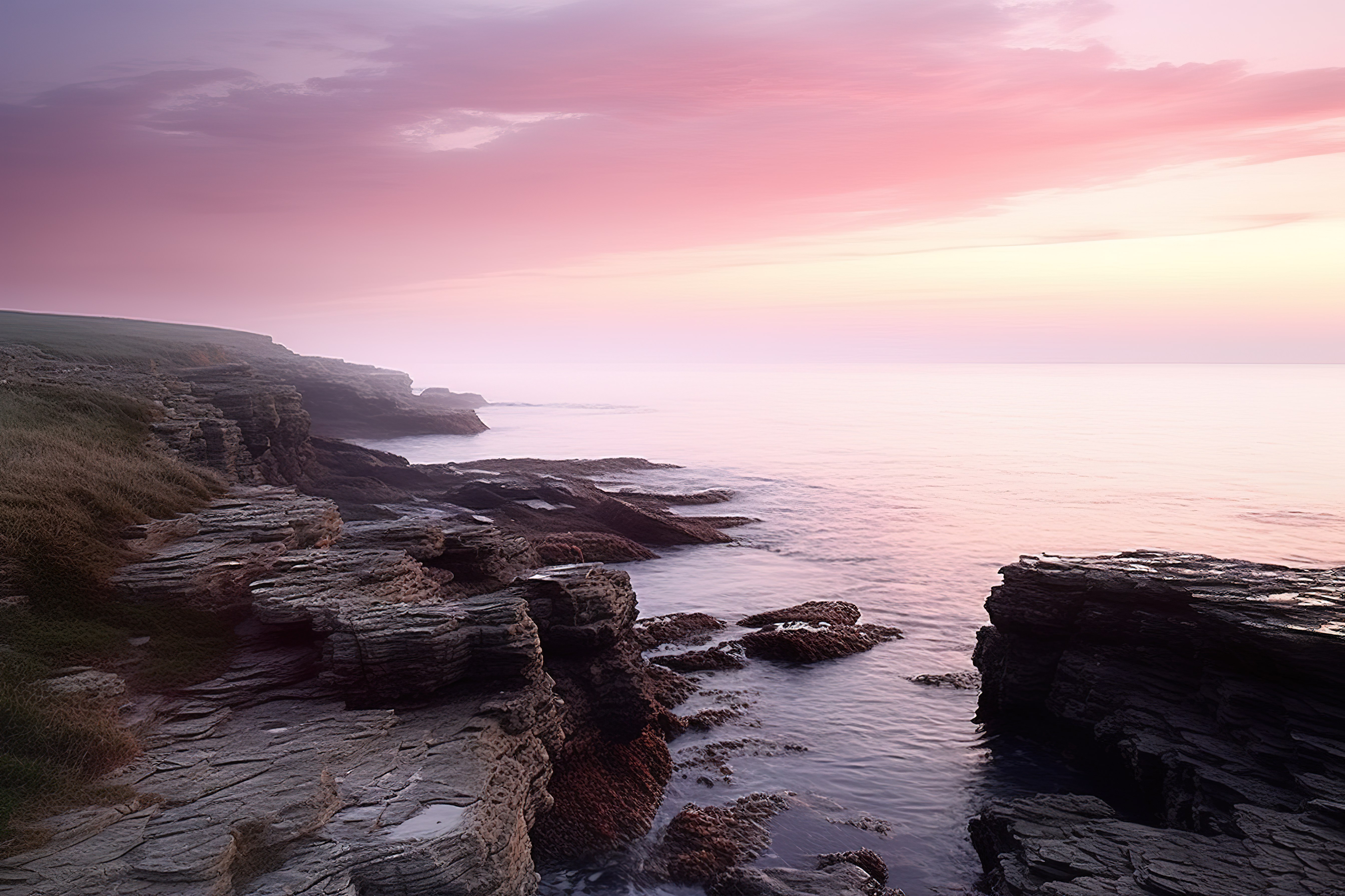 崎岖的海岸悬崖上美丽的粉红色和紫色日落图片