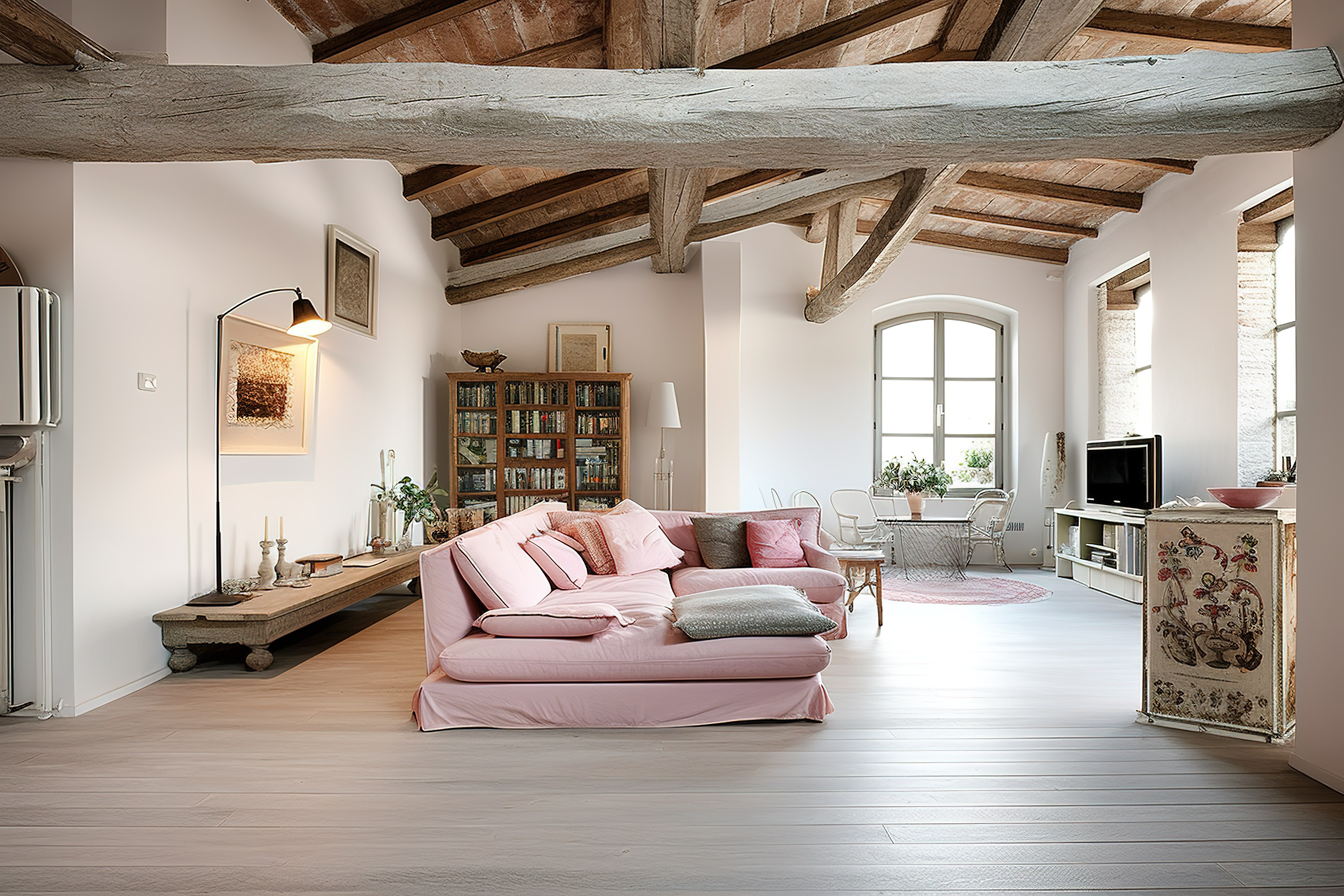 一个非常漂亮的客厅，装饰着白色的木地板和横梁图片