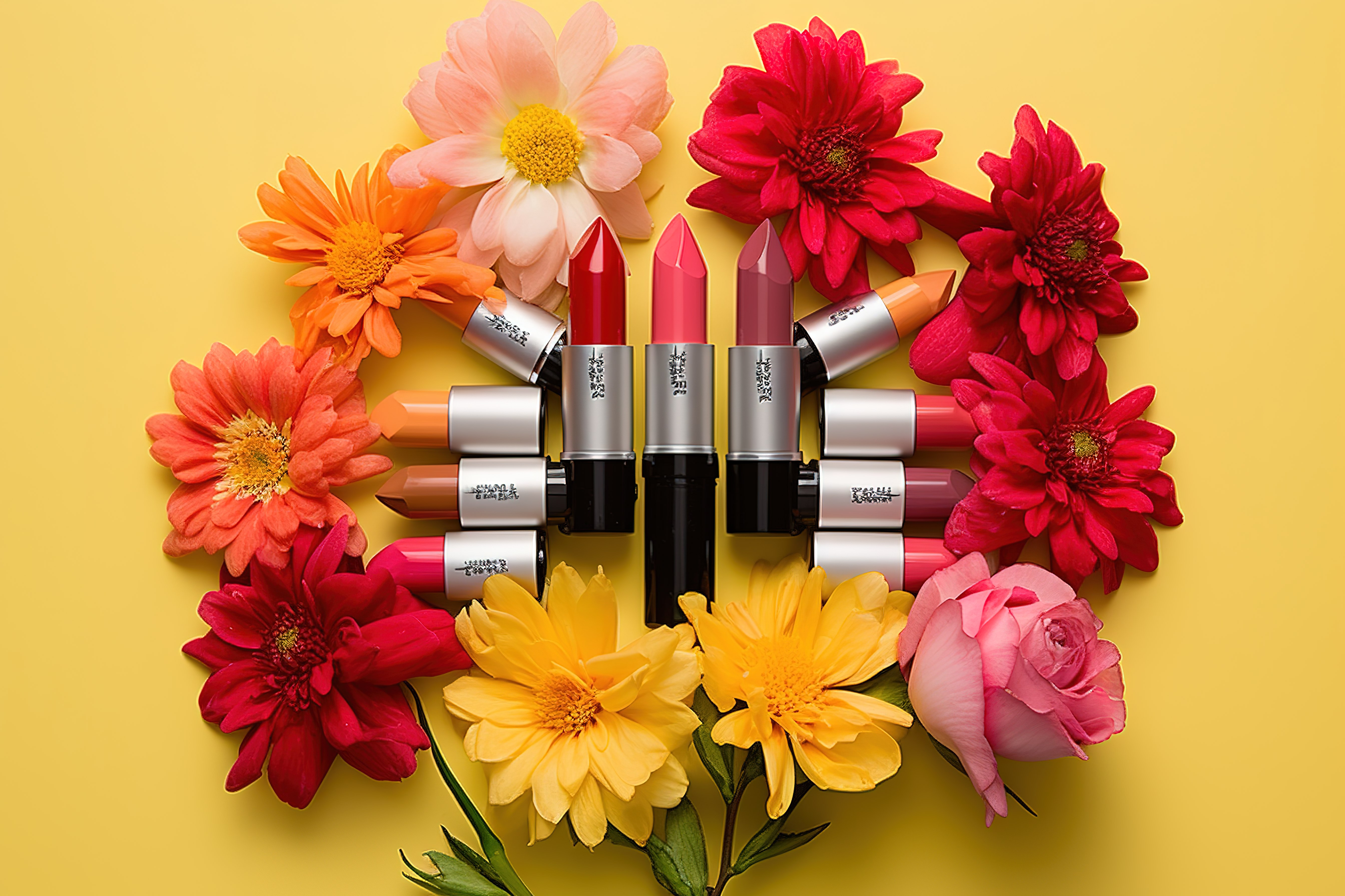 一束黄色花朵围绕着一系列化妆品唇膏图片