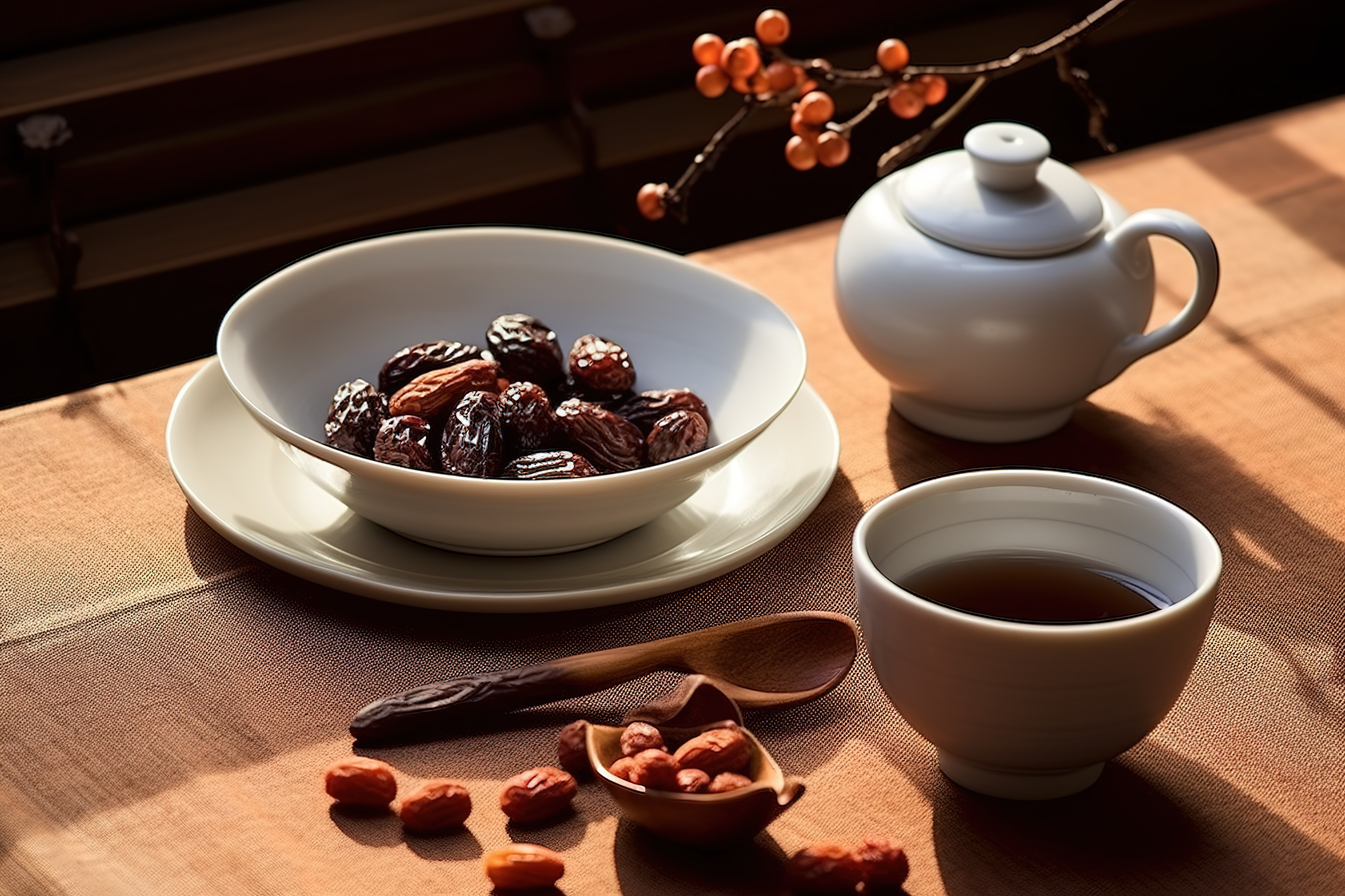 红枣茶和水果用勺子图片