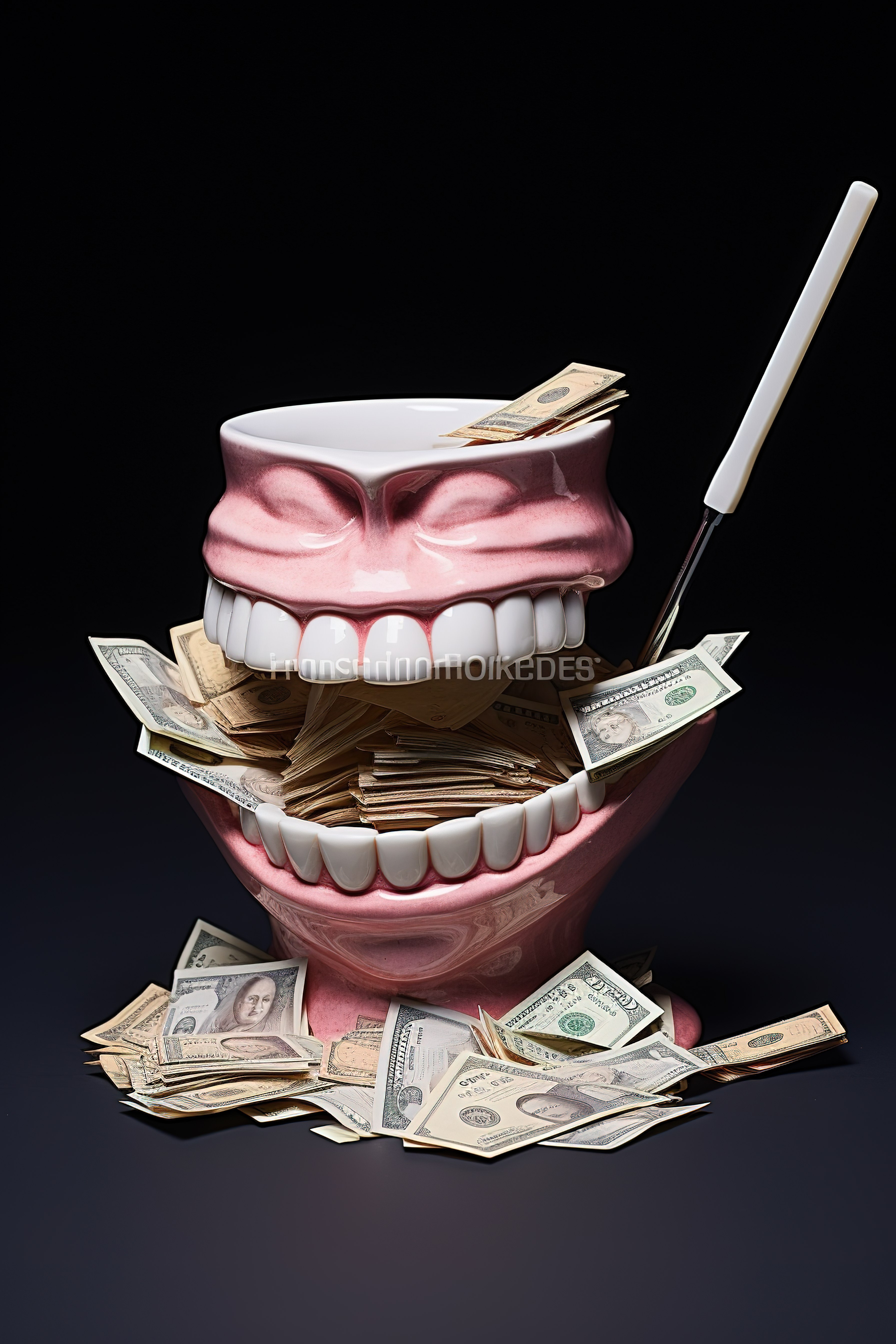 牙齿和刷子的塑料模型，上面有钱图片