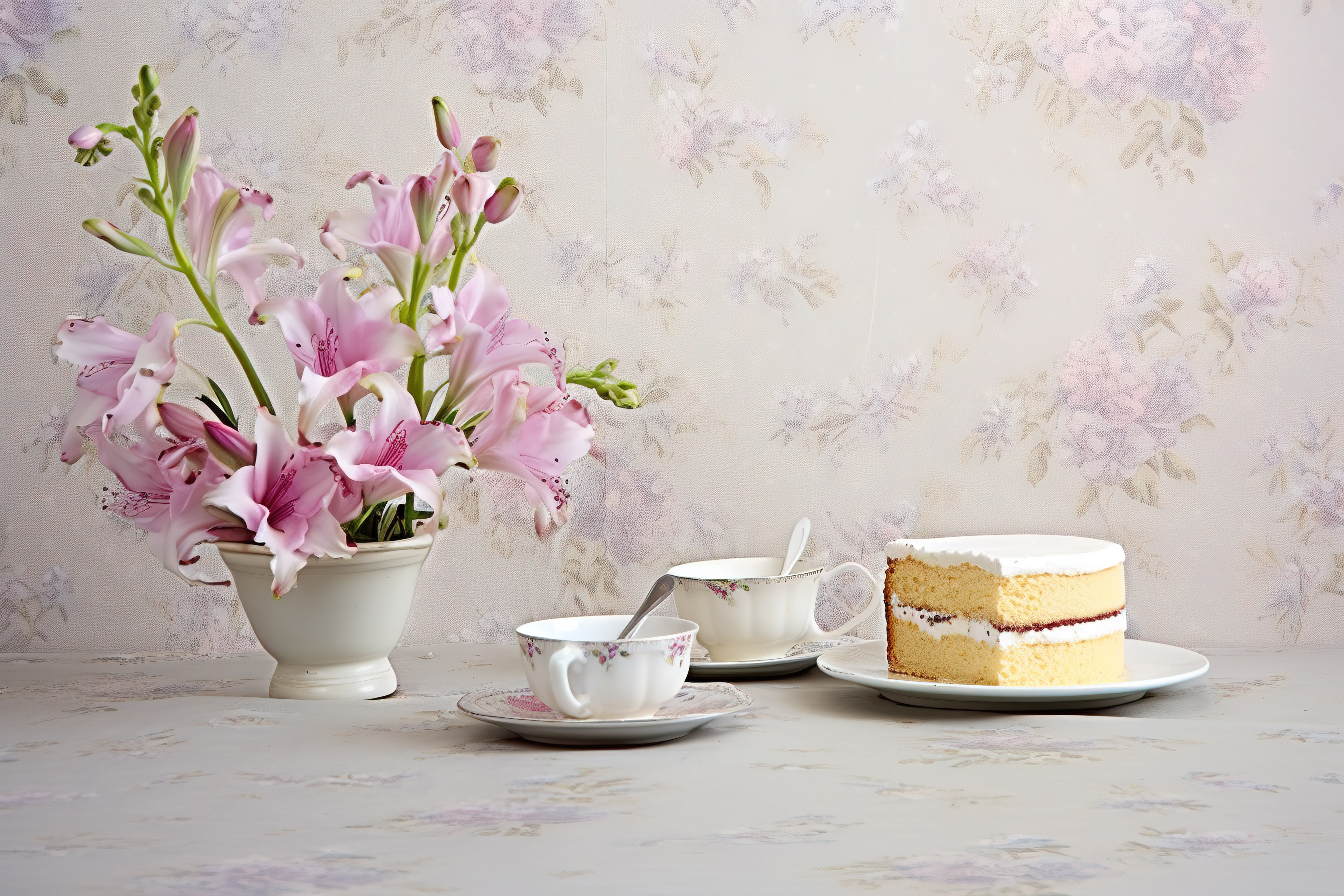 蛋糕放在鲜花旁边的桌子上图片