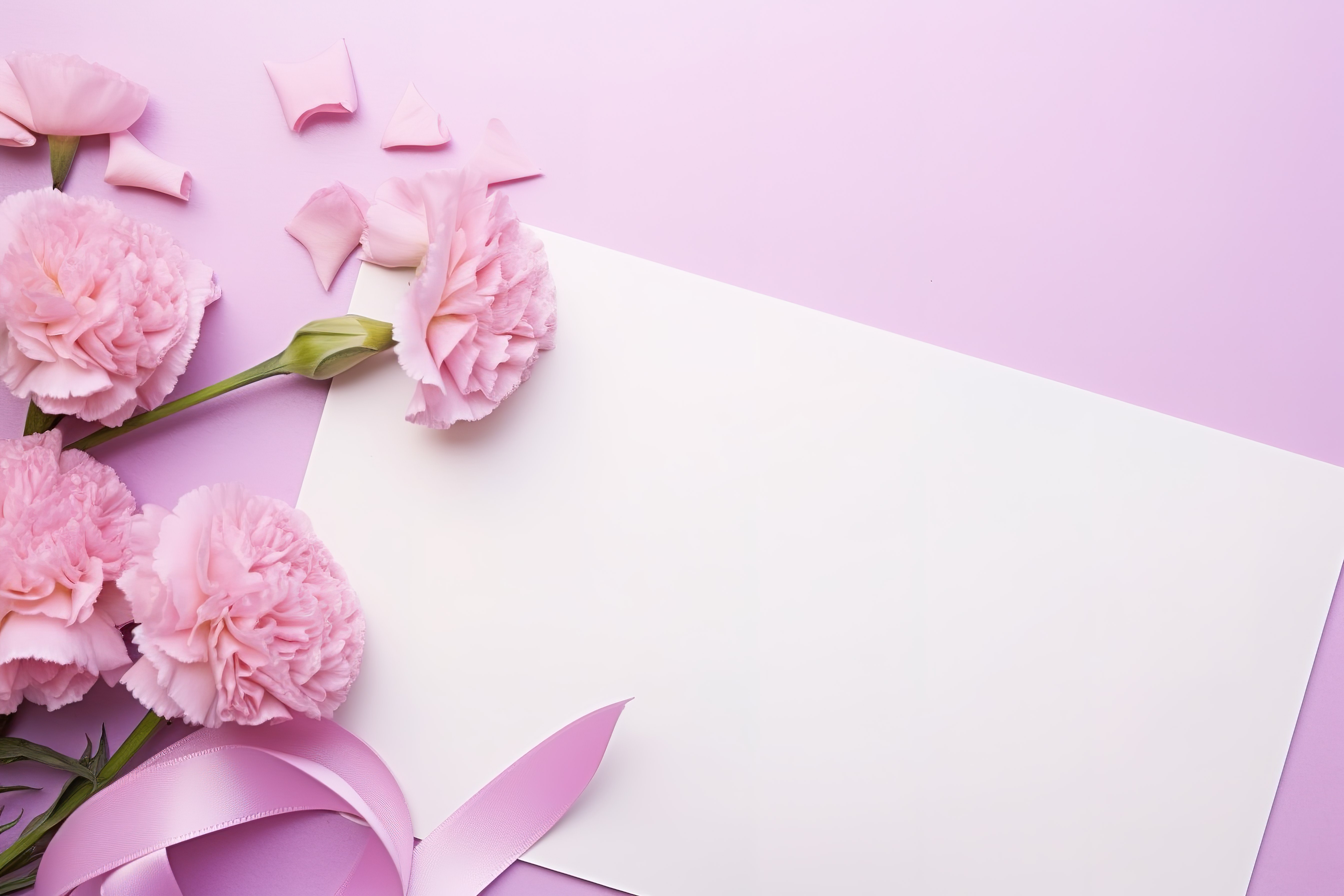 粉色康乃馨和玫瑰围绕着漂亮的白色空白卡片和丝带图片