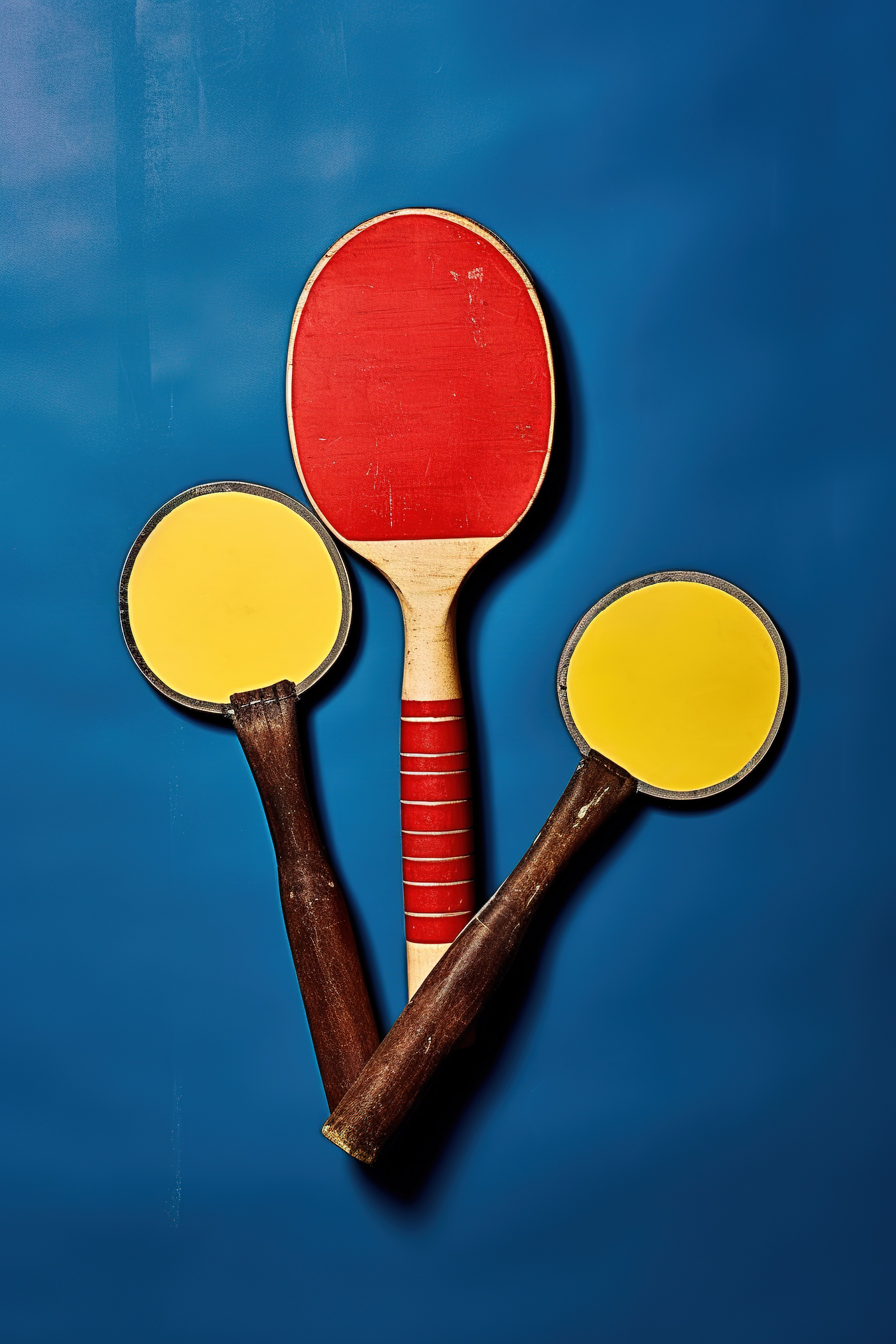 蓝色表面上的两个网球拍和一个网球图片